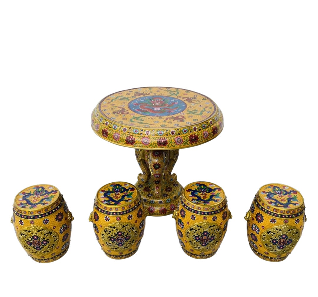 A Set of Exquisite Cloisonne Lotus and Dragon Pattern Table,with Four Stools: A Set of Exquisite Cloisonne Lotus and Dragon Pattern Table,with Four Stools,Qing Dynasty,China,Qianlong Four-character Mark,Size:(Table)30.7inx34.6in,(Stool)16.5inx13.8in,Weight:130000g 一ä