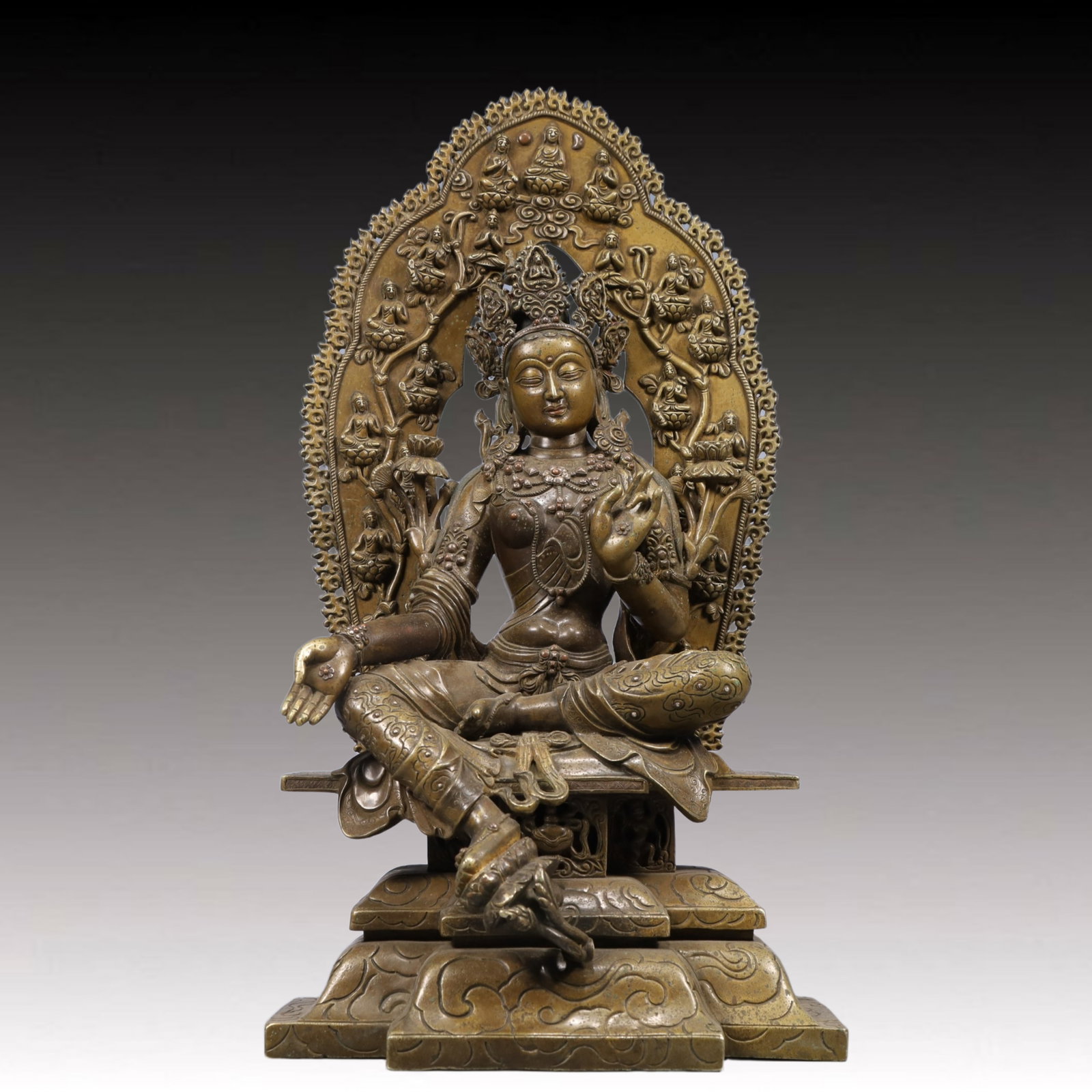 A Solemn Gilt Bronze Statue of Avalokitesvara: A Solemn Gilt Bronze Statue of Avalokitesvara, Ming Dynasty, China, Inlaid Gems, With Inscription, Size:9.8inx5.5inx18.9in, Weight:9900g