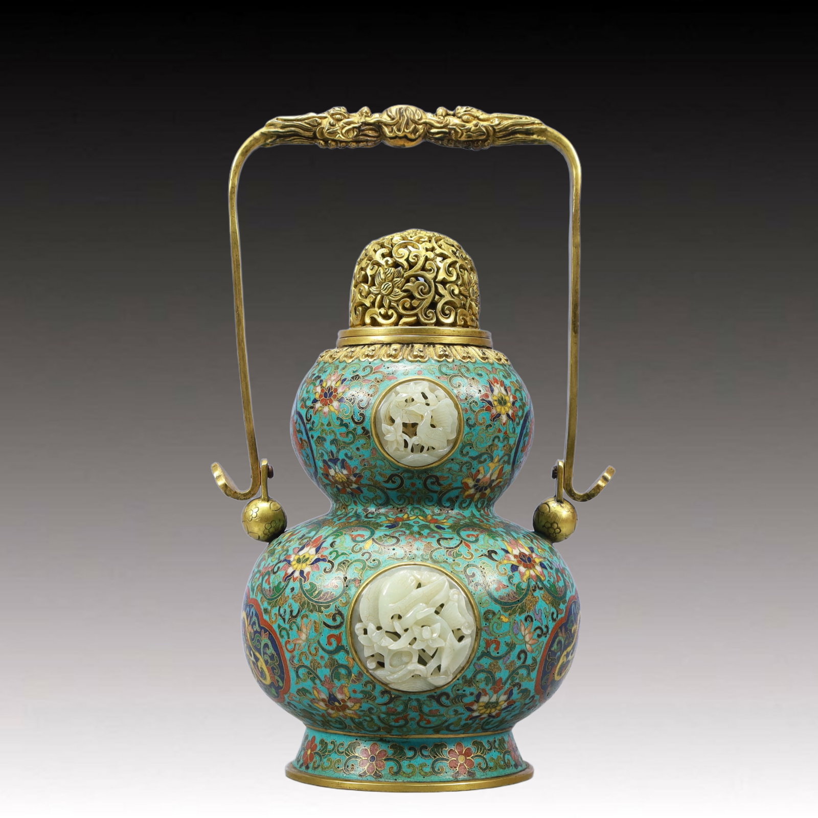 An Exquisite Cloisonne Inlaid White Jade Lotus and Dragon Pattern Gourd-Shaped Vase: An Exquisite Cloisonne Inlaid White Jade Lotus and Dragon PatternGourd-Shaped Vase ,Qing Dynasty, China,Qianlong Four-character Mark,Size：5.9inx11in; Weight：1950g