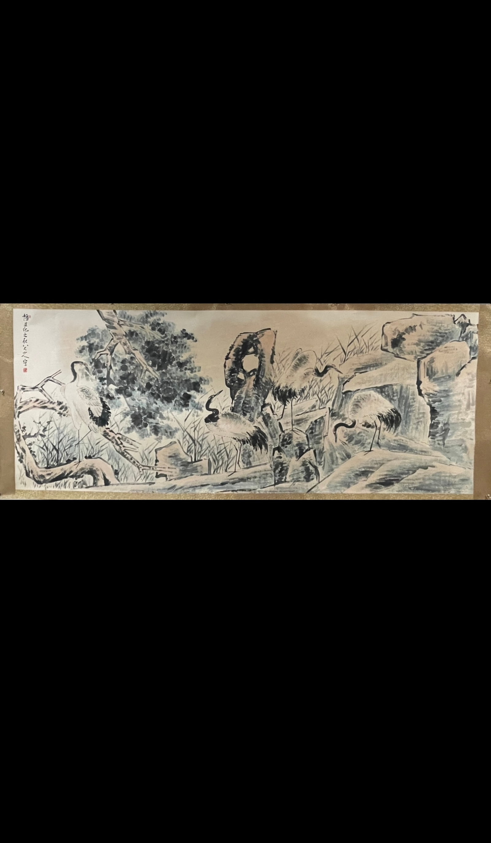 A Chinese Ink Painting of Pine and Crane on Paper: A Chinese Ink Painting of Pine and Crane on Paper,Bada Shanren,Size:55.1inx141.7in 一幅中国水墨松鹤画,八大山人