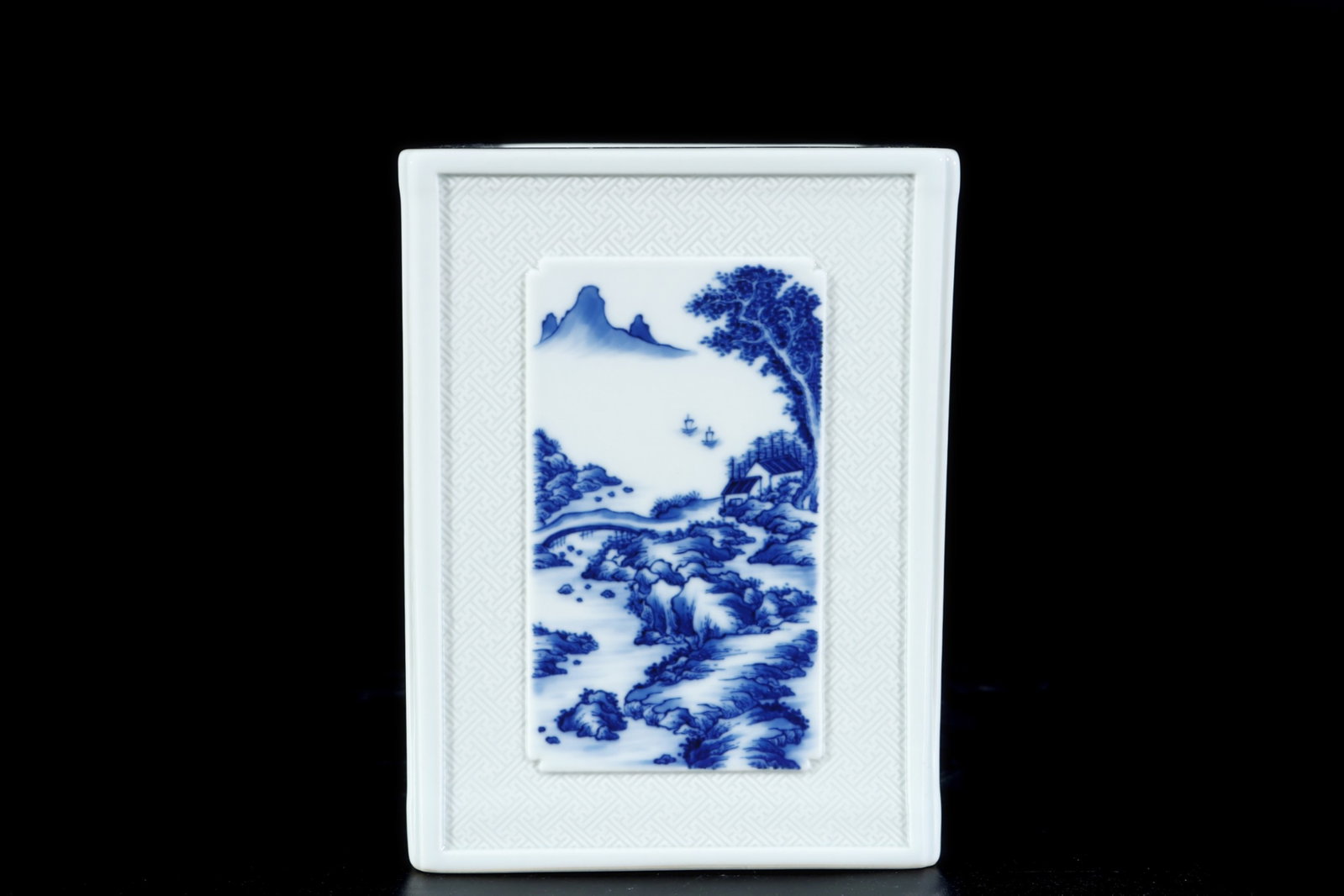 An Exquisite Blue and White Landscape and Figure Pattern Brush Pot: An Exquisite Blue and White Landscape and Figure Pattern Brush Pot,the Republic of China,With Mark,Size:6.1inx4.5in 青花山水人物纹笔筒,中