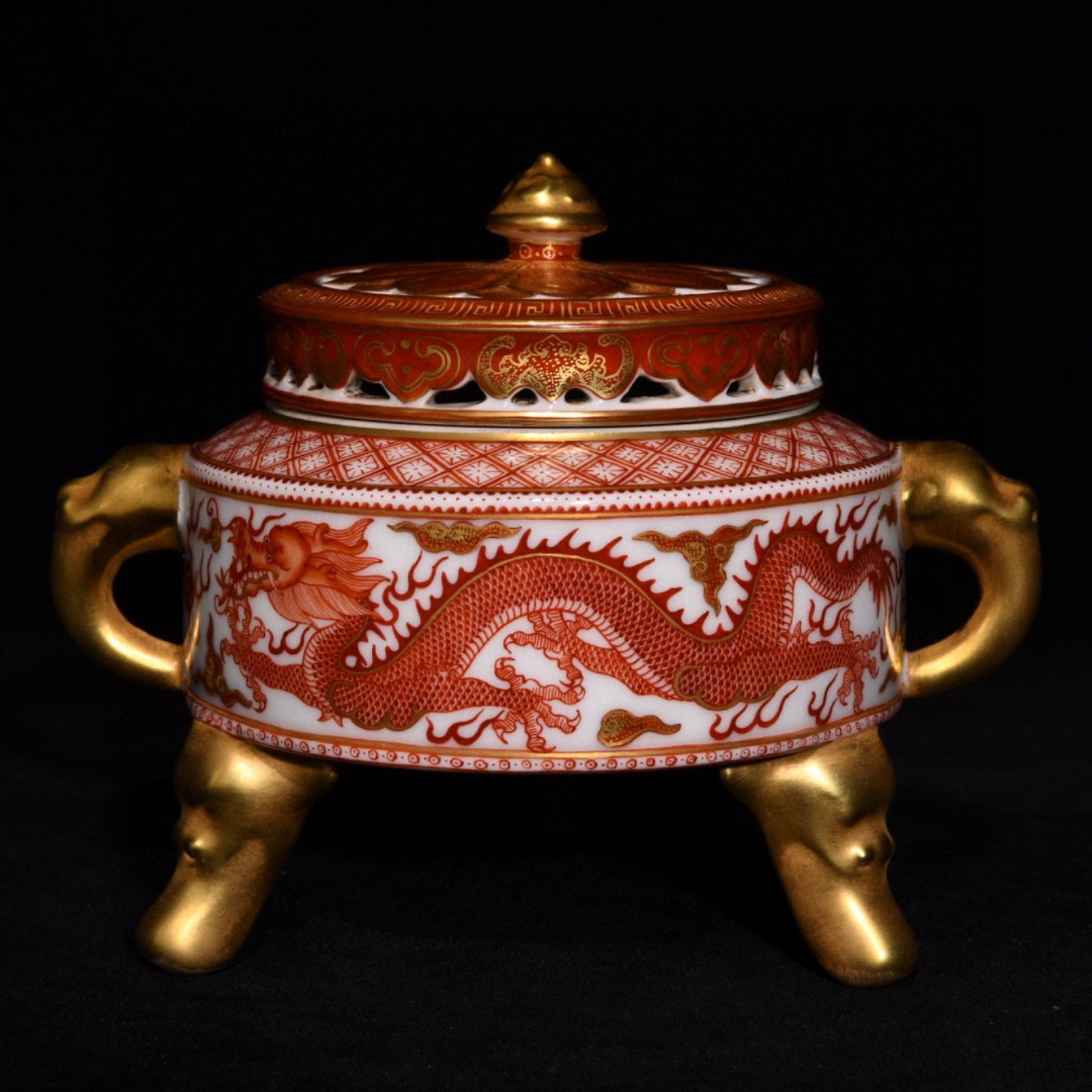 An Exquisite Iron-Red Painted Gold Auspicious Cloud and Dragon Pattern Double-Ears and Tripod Censer: An Exquisite Iron-Red Painted Gold Auspicious Cloud and Dragon Pattern Double-Ears and Tripod Censer,Qing Dynasty,China,Qianlong Six-character Mark,Size:4.5inx5.7in 矾红描金