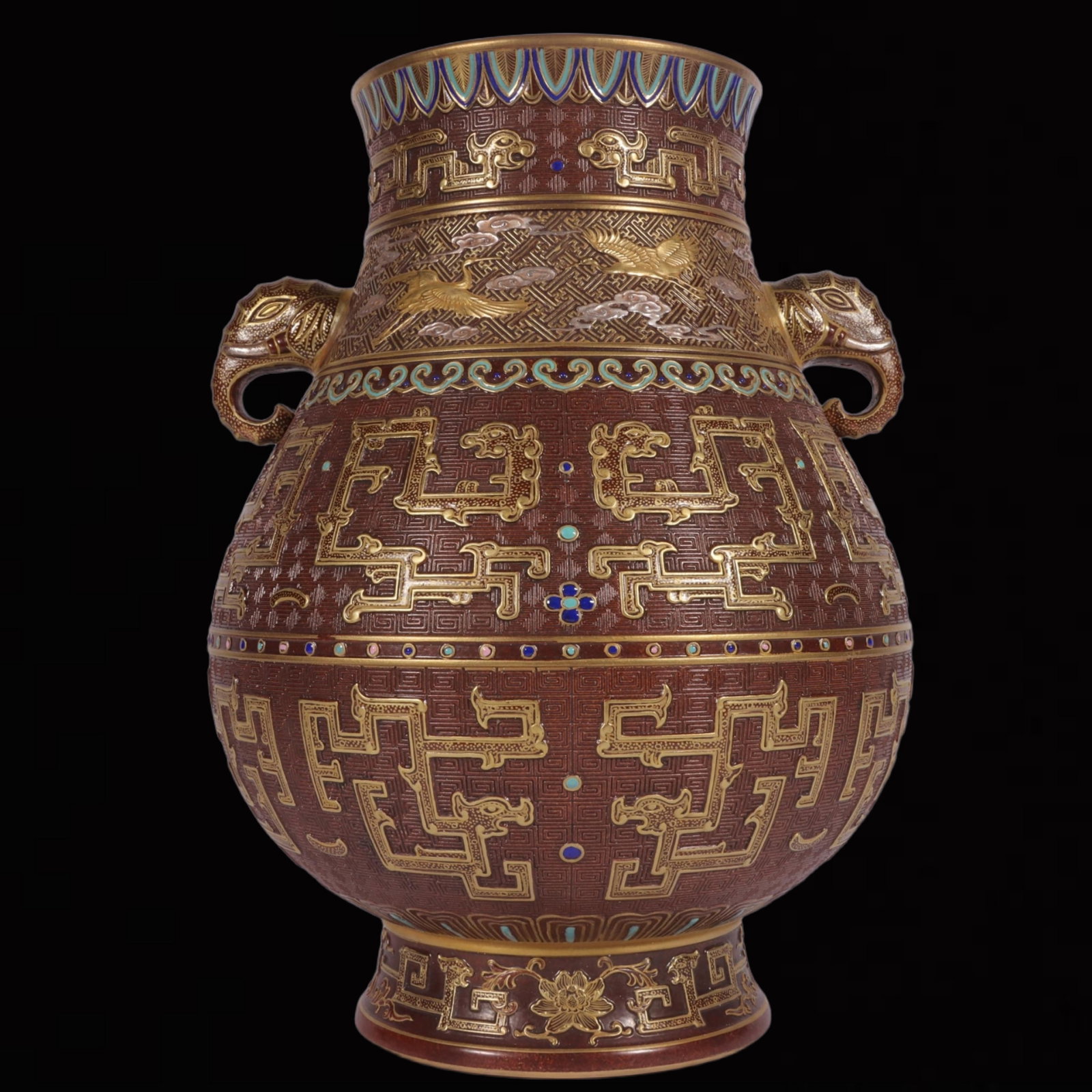 An Exquisite Bronze Glazed Inlaid Gold and Silver Dragon Pattern Elephant-Ears Vase: An Exquisite Bronze Glazed Inlaid Gold and Silver Dragon Pattern Elephant-Ears Vase,Qing Dynasty,China,Qianlong Six-character Mark,Size:10.6inx7.5in 古铜釉错金银