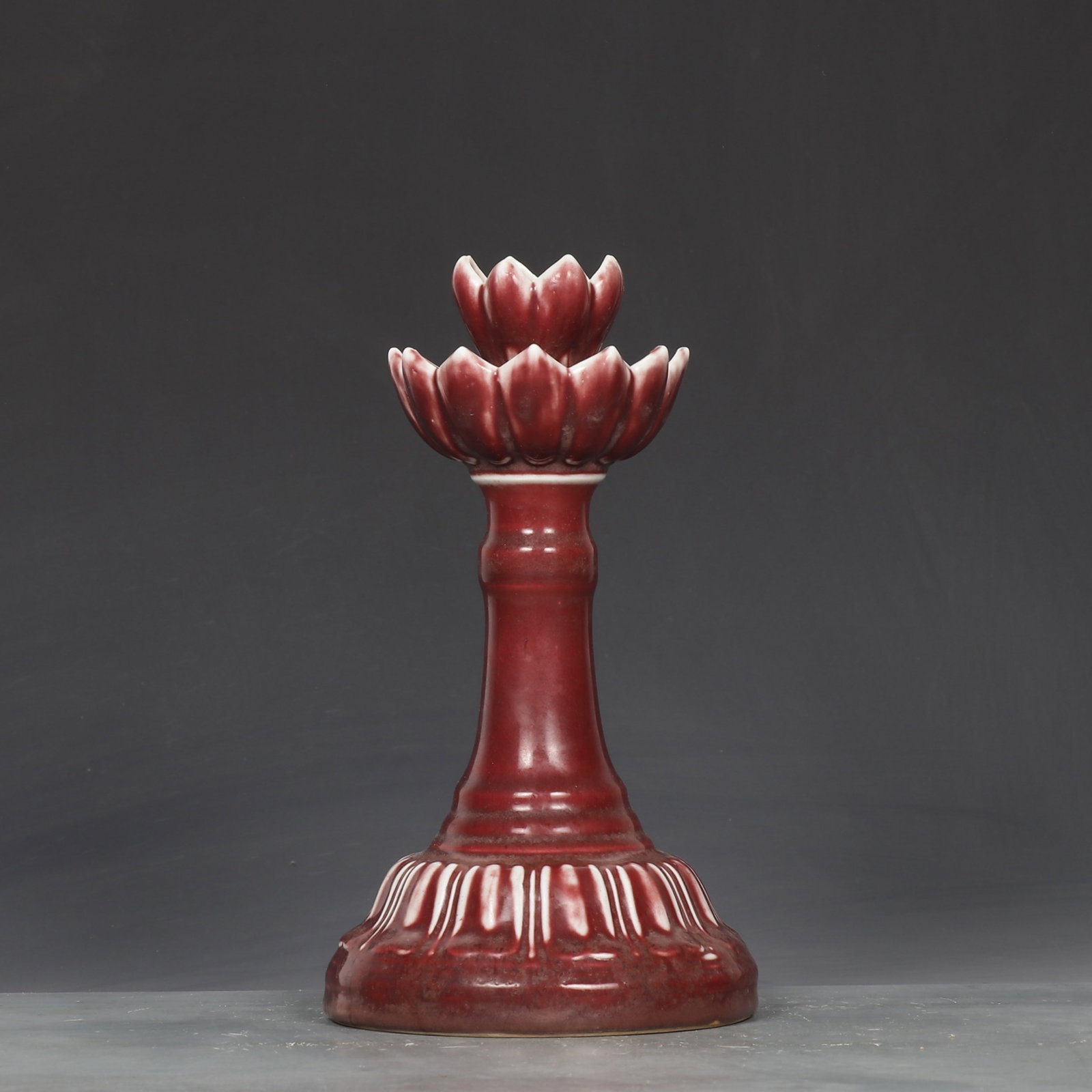An Exquisite Ji Red Glazed Lotus Candlestick: An Exquisite Ji Red Glazed Lotus Candlestick,Ming Dynasty,China,Yongle Four-character Mark,Size:10inx5.7in 霁红釉莲花烛台,中国明代,
