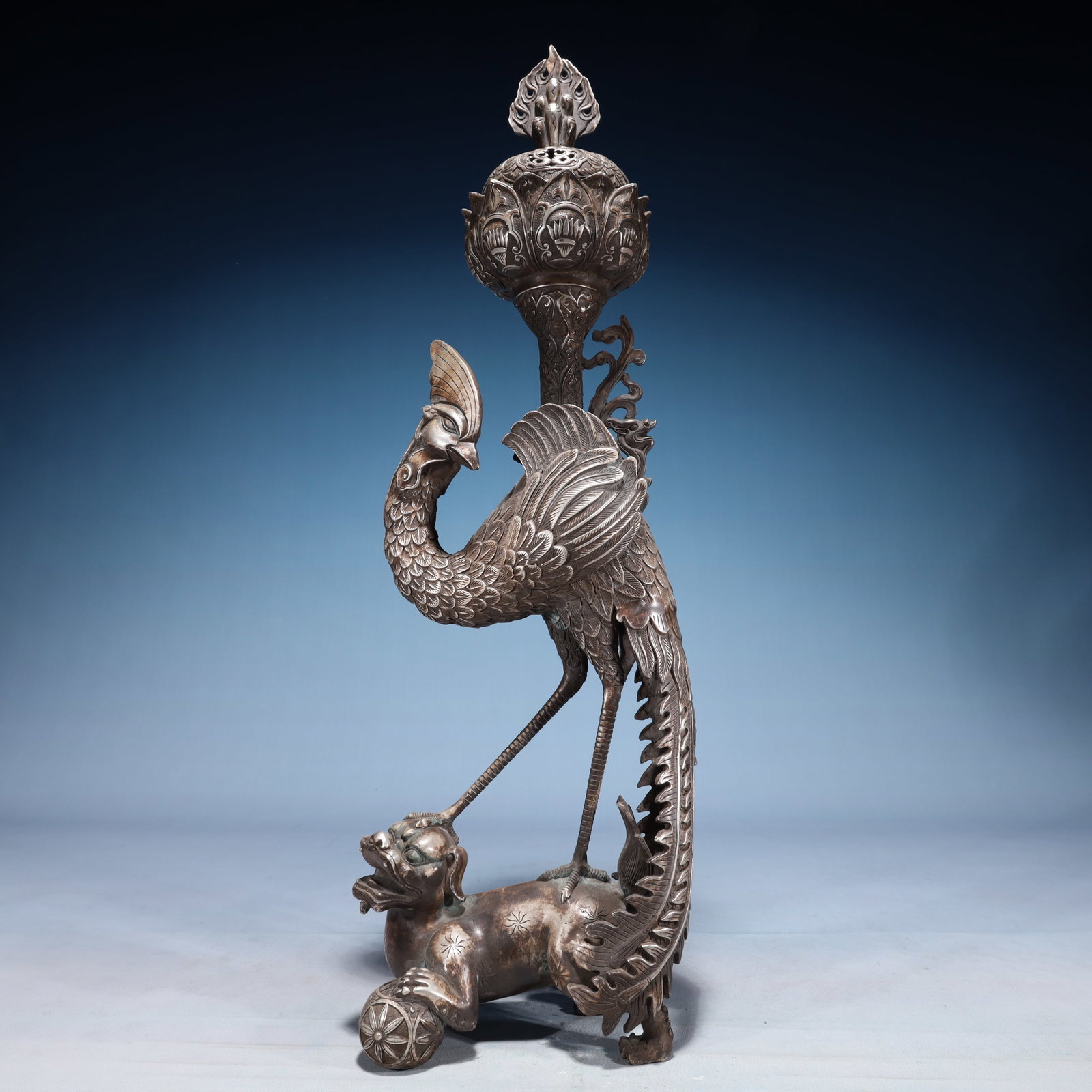 An Exquisite Silver-plated Bronze Phoenix Censer: An Exquisite Silver-plated Bronze Phoenix Censer,Qing Dynasty,China,Size:7.5inx4.3inx23.2in,Weight:3800g 铜镀银凤香炉,中国清代