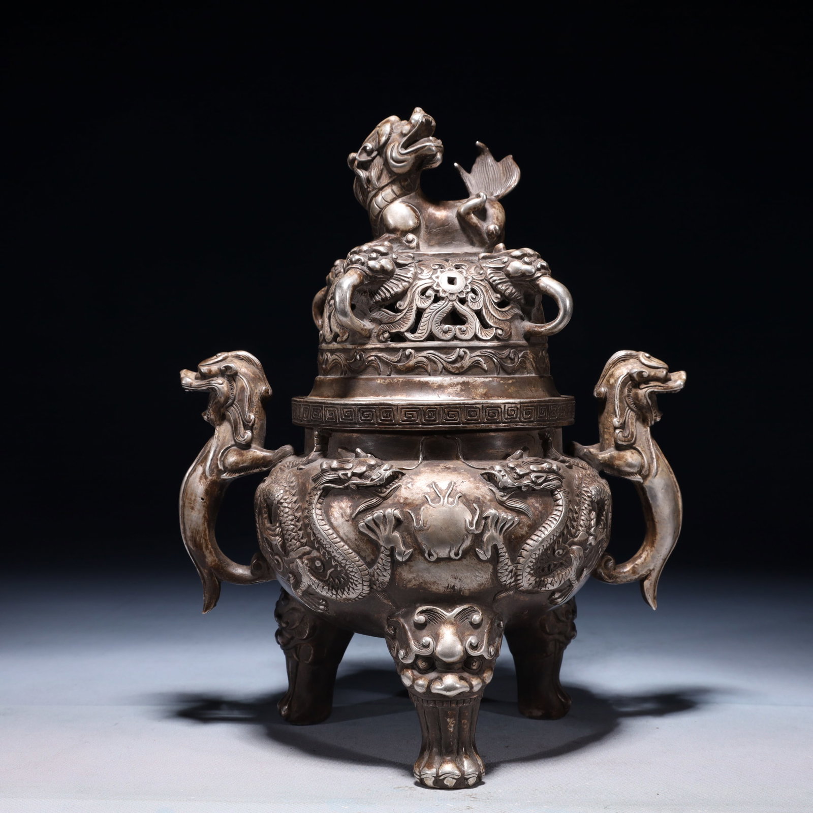 An Exquisite Silver-plated Bronze Dragon Pattern Double-Ears and Tripod Censer: An Exquisite Silver-plated Bronze Dragon Pattern Double-Ears and Tripod Censer,Qing Dynasty,China,Qianlong Six-character Mark,Size:8.7inx5.9inx11in,Weight:2150g