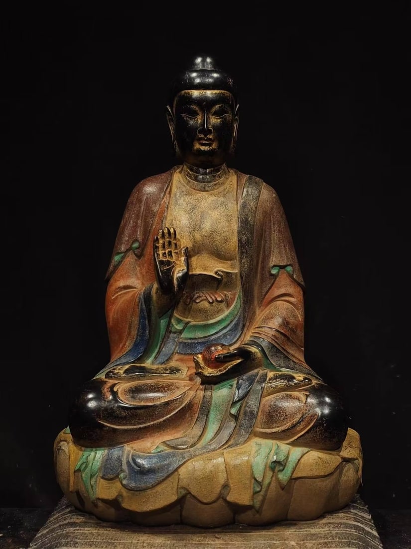 A Rare Limestone Painted Color Buddha Statue Ornament: A Rare Limestone Painted Color Buddha Statue Ornament,Tang Dynasty, China,Size:20.9inx13inx9.1in 青石彩绘佛像摆件,中国唐代