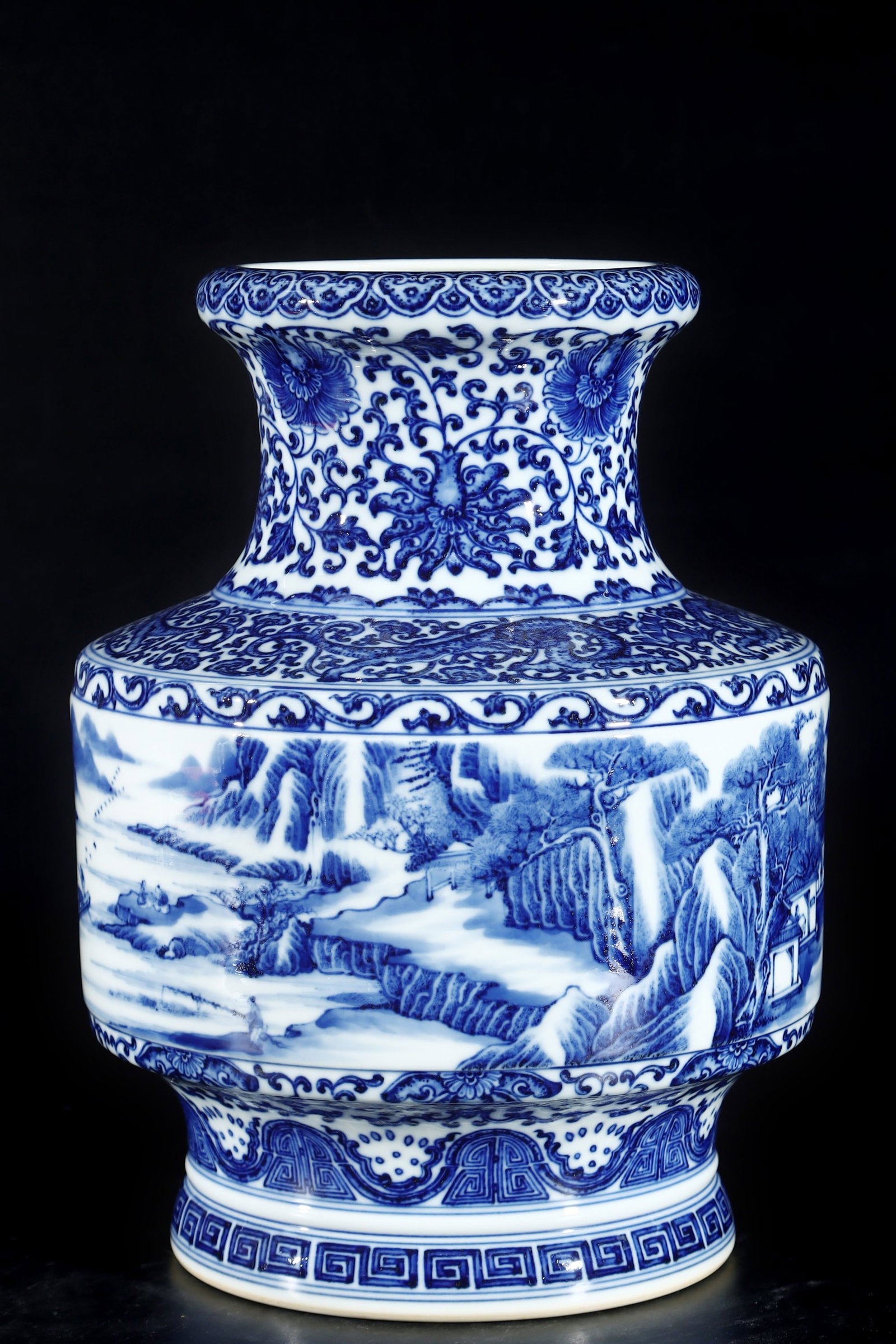 A Rare Blue and White Landscape and Figure Pattern Vase: A Rare Blue and White Landscape and Figure Pattern Vase,Qing Dynasty,China,Qianlong Six-character Mark,Size:12inx8.6in 青花山水人物纹瓶中国&