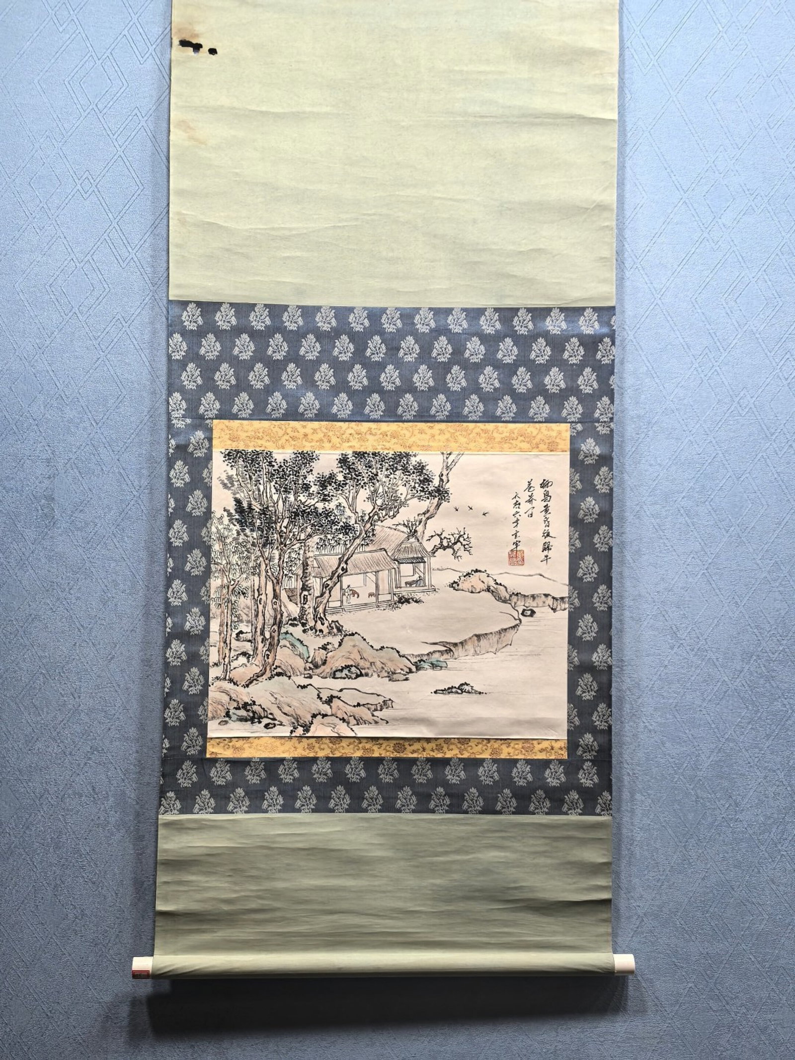 A Chinese Vertical Scroll Ink Painting of Landscape and Figure on Paper: A Chinese Vertical Scroll Ink Painting of Landscape and Figure on Paper,Dong Qichang,Size:18.7inx15in