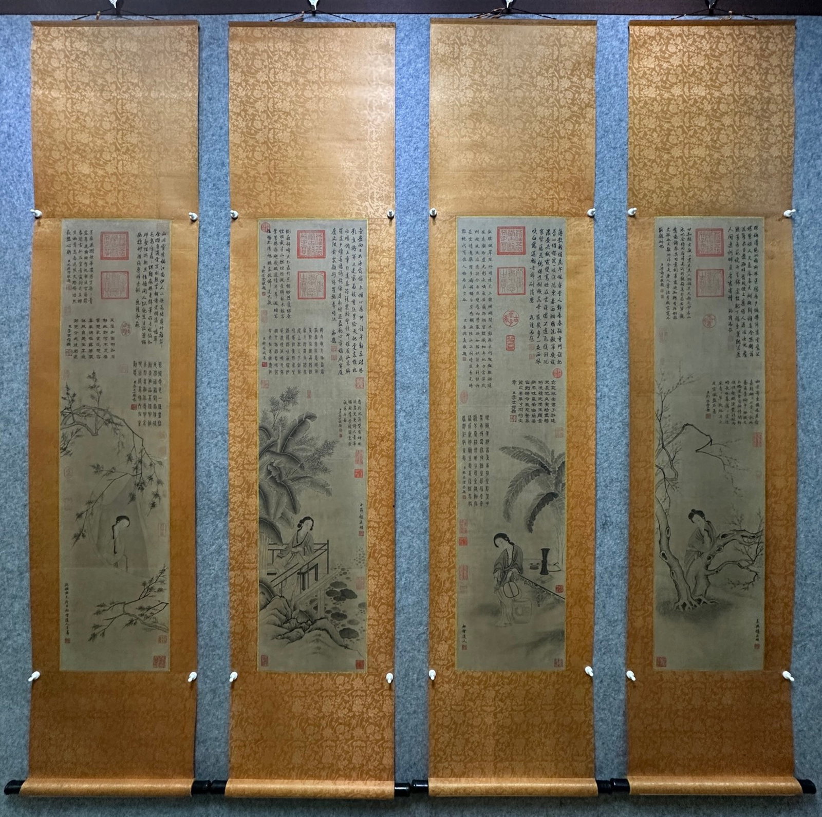 A Set of Chinese Vertical Scroll Ink Painting of Figure and Story on Paper: A Set of Chinese Vertical Scroll Ink Painting of Figure and Story on Paper,Zhao Mengfu,Size:50.4inx12in