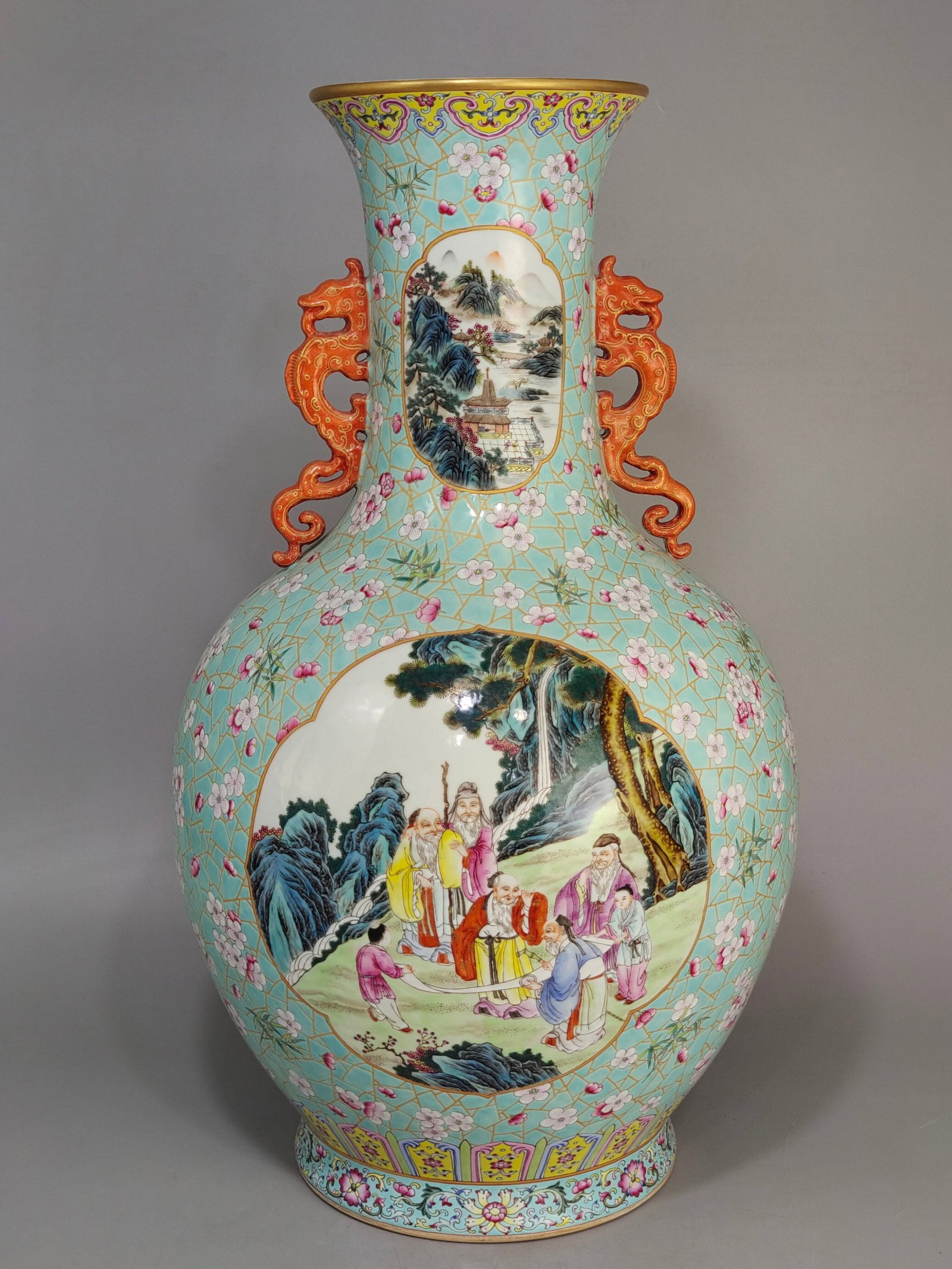 A Huge Turquoise Glazed Painted Gold Landscape and Figure Pattern Double-Ears Vase: A Huge Turquoise Glazed Painted Gold Landscape and Figure Pattern Double-Ears Vase,Qing Dynasty,China,Qianlong Six-character Mark,Size:23.8inx13.8in 松石绿地描金
