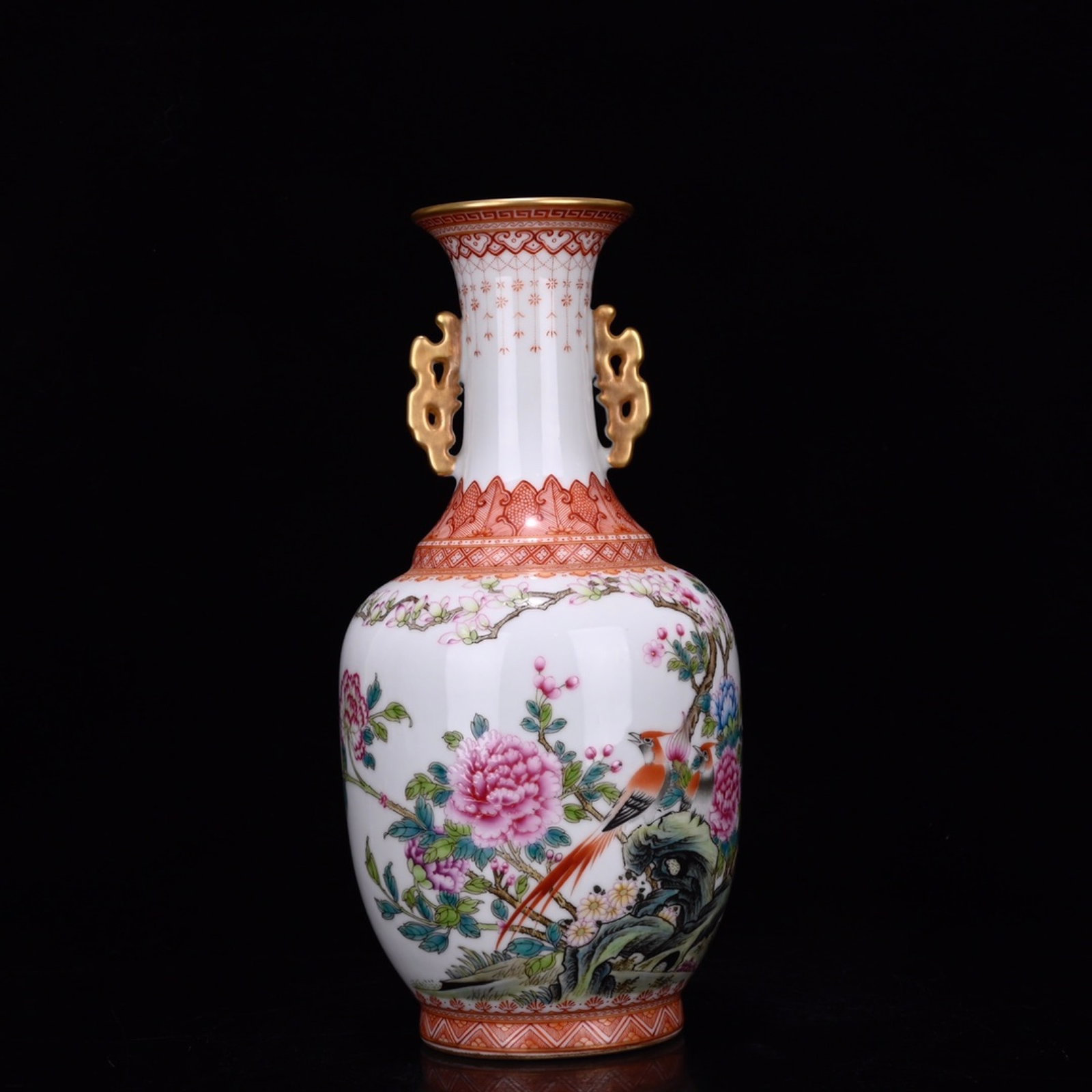 A Rare Famille-Rose Flower and Bird Pattern Double-Ears Vase,with poem: A Rare Famille-Rose Flower and Bird Pattern Double-Ears Vase,with poem,Qing Dynasty,China,Qianlong Six-character Mark,Size:11.8inx5.9in 粉彩花鸟纹双耳瓶
