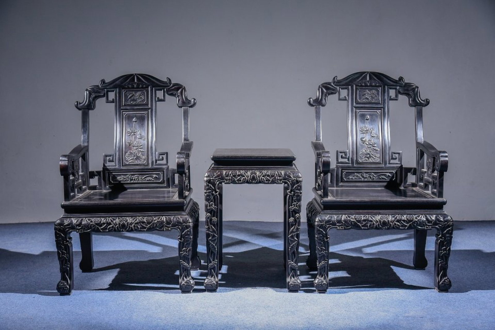 A Set of Zitanwood Lotus Pattern Table and Armchair (1 of 9)