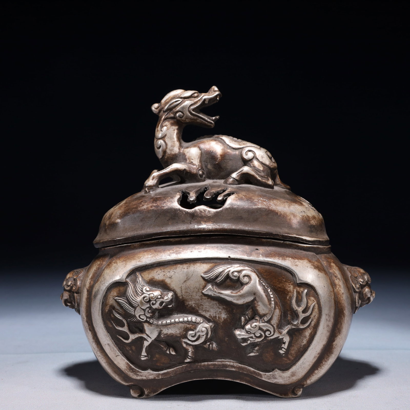 An Exquisite Silver-plated Bronze Auspicious Beast Pattern Beast-Ears Censer: An Exquisite Silver-plated Bronze Auspicious Beast Pattern Beast-Ears Censer,Qing Dynasty,China,Qianlong Four-character Mark,Size:7.9inx4.3inx7.5in,Weight:1400g 铜镀银瑞兽
