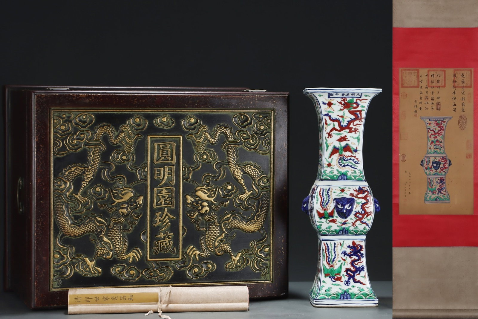 A Huge Wucai Dragon and Phoenix Pattern Flower Vase,with Chinese Vertical Scroll Ink Painting on: A Huge Wucai Dragon and Phoenix Pattern Flower Vase,with Chinese Vertical Scroll Ink Painting on Silk,Ming Dynasty,China,Wanli Six-character Mark,Size:(Without frame)24.8inx12.6in,(Porcelain)18.8inx7i