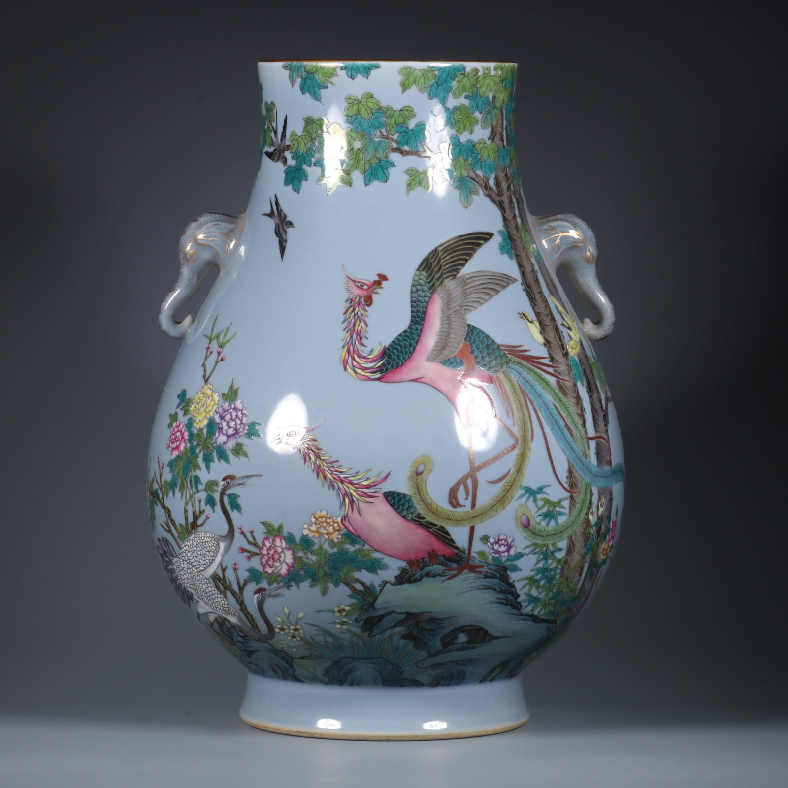 A Rare Celadon Glazed Famille-Rose Flower and Bird Pattern Elephant-Ears Vase,with poem: A Rare Celadon Glazed Famille-Rose Flower and Bird Pattern Elephant-Ears Vase,with poem,Qing Dynasty,China,Qianlong Six-character Mark,Size:12inx4.6in 粉青釉粉彩花&