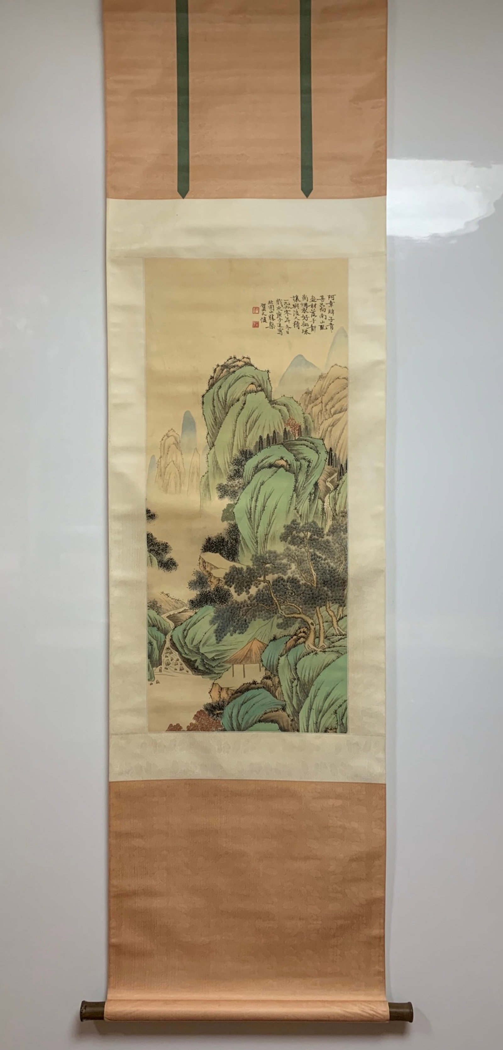A Chinese Vertical Scroll Ink Painting of Landscape on Paper: A Chinese Vertical Scroll Ink Painting of Landscape on Paper,He Tianjian,Size:16.1inx37.8in 一幅中国水墨山水画立轴,贺天