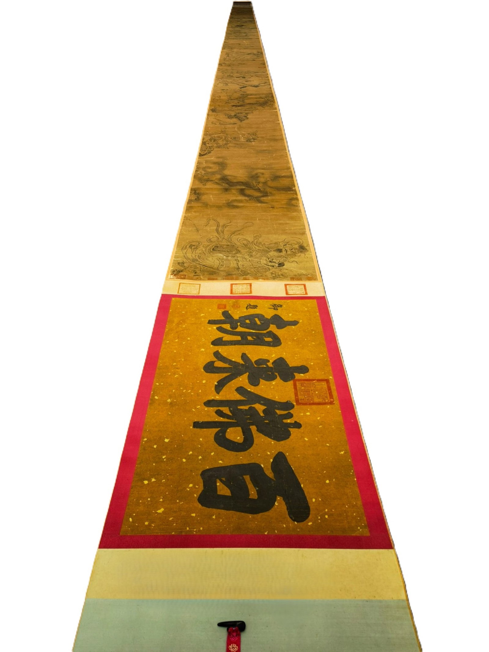 A Chinese Hand Scroll Ink Painting of Character and Story on Silk: A Chinese Hand Scroll Ink Painting of Character and Story on Silk,Li Gonglin,Size:815inx23.6in 一幅中国水墨绢本人物故事画&
