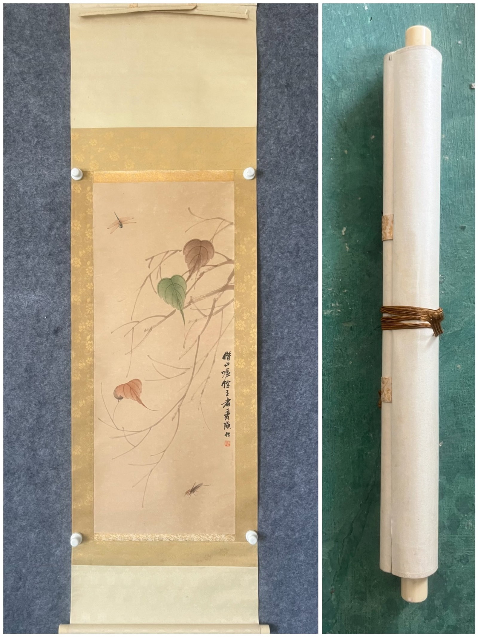 A Chinese Vertical Scroll Ink Painting of Insect on Paper: A Chinese Vertical Scroll Ink Painting of Insect on Paper,Qi Baishi,Size:15.7inx39.4in 一幅中国水墨昆虫画立轴,齐白石