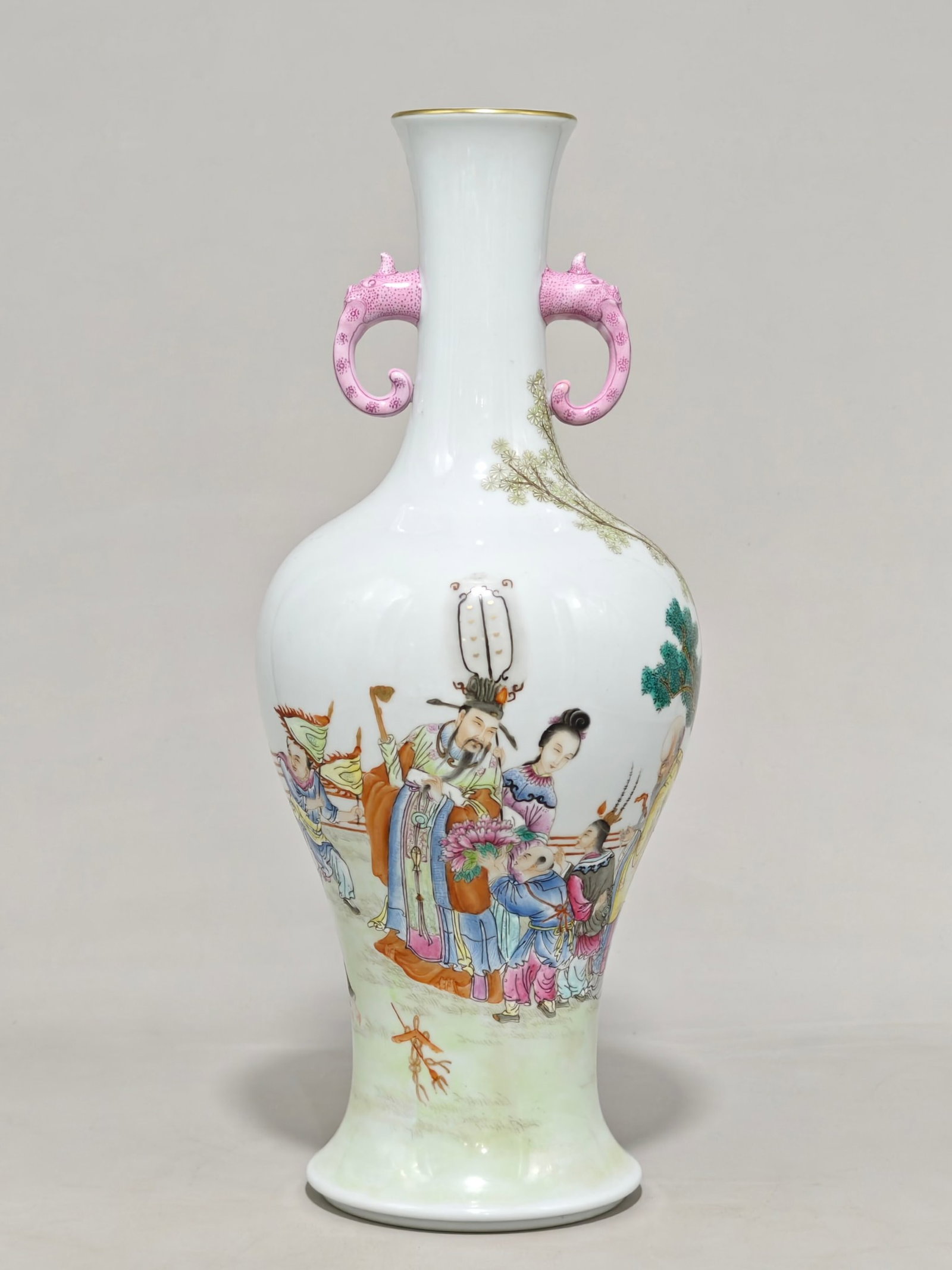 A Rare Famille-Rose Figure Pattern Double-Ears Vase: A Rare Famille-Rose Figure Pattern Double-Ears Vase,Qing Dynasty,China,Yongzheng Six-character Mark,Size:14.2inx6.3in