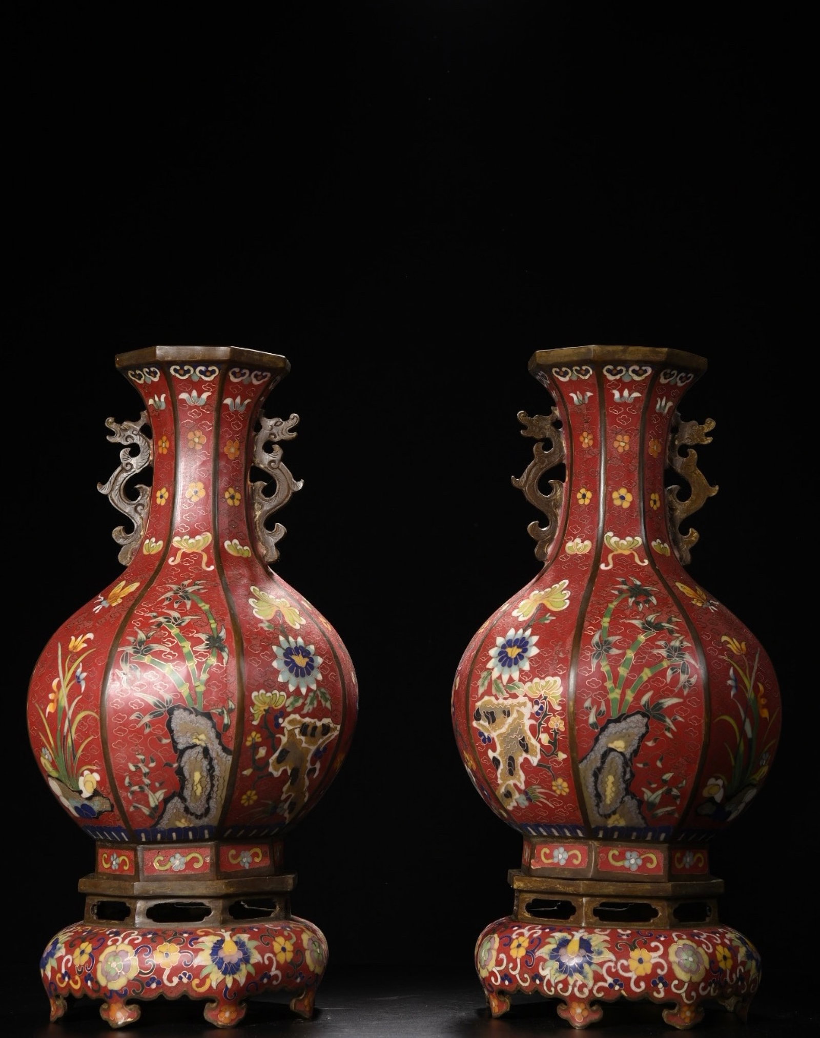 A Pair of Exquisite Cloisonne Plum Blossom,Orchid,Bamboo and Chrysanthemum Pattern Dragon-Ears: A Pair of Exquisite Cloisonne Plum Blossom,Orchid,Bamboo and Chrysanthemum Pattern Dragon-Ears Vases,with Base,Qing Dynasty,China,Qianlong Six-Character Mark,Size:16.9inx8.3in,Weight:10655g