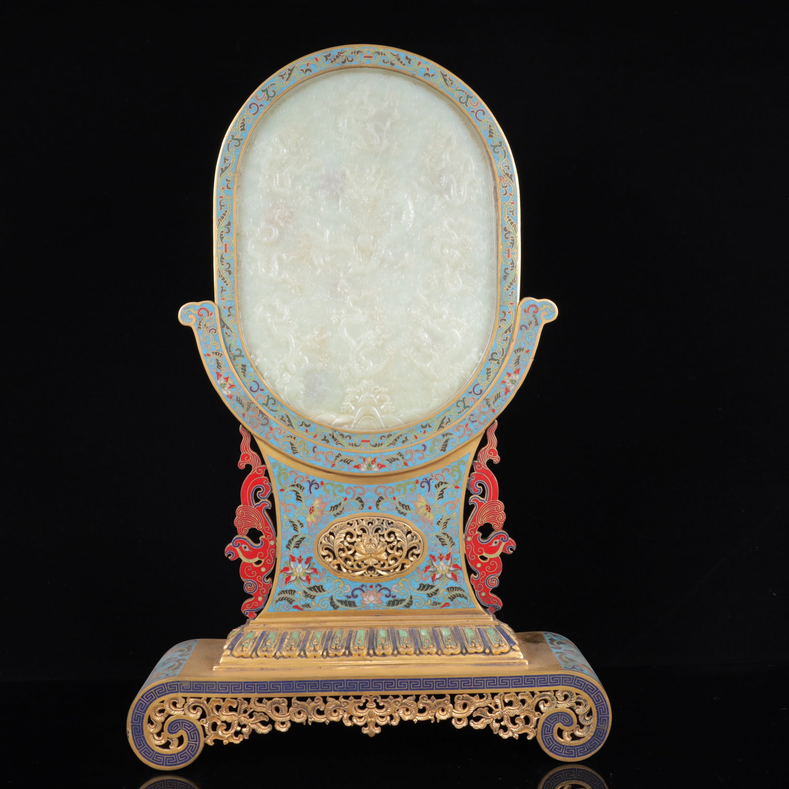 An Exquisite Cloisonne Inlaid White Jade Dragon Pattern Table Screen,with poem: An Exquisite Cloisonne Inlaid White Jade Dragon Pattern Table Screen,with poem,Qing Dynasty, China,Qianlong Four-character Mark,Size:18.5inx12.2inx3.5in,Weight:3400g 景泰蓝嵌&#