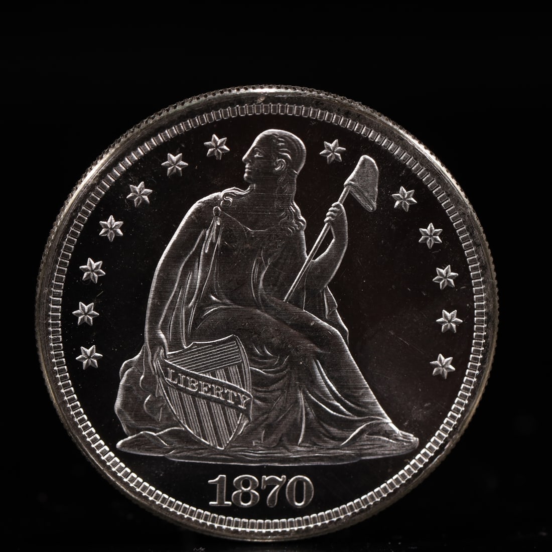 USA One Dollar 1870 Coin: American coin. IN GOD WE TRUST / LIBERTY / 1870 / UNITED STATES OF AMERICA / ONE DOL. Mint Mark: CC.Weight:26.9g.