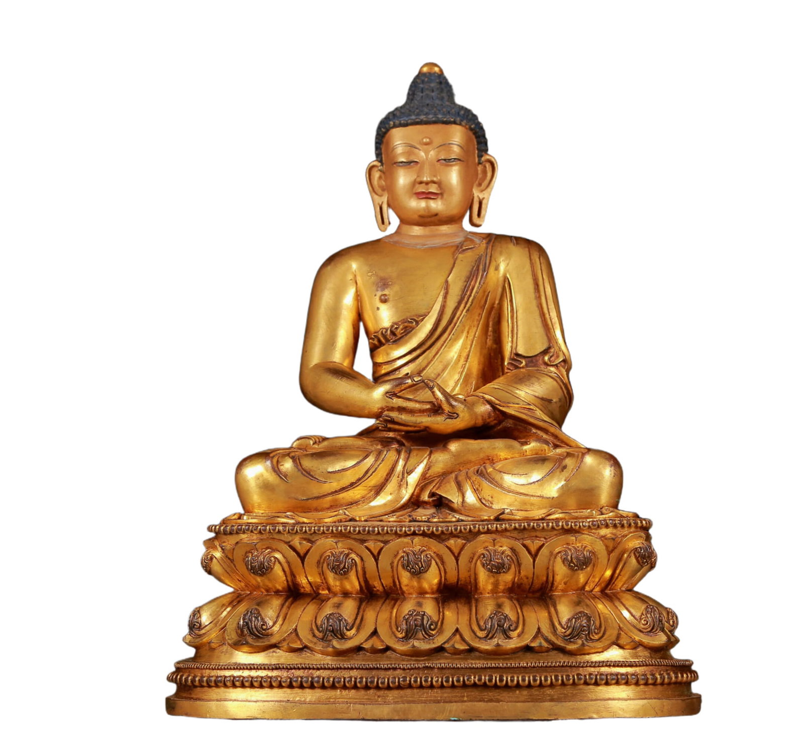 A Solemn Gilt Bronze Statue of Sakyamuni: A Solemn Gilt Bronze Statue of Sakyamuni,Ming Dynasty, China,Yongle Six-character Mark,Size:9.8inx7.5inx13.8in,Weight:7000g