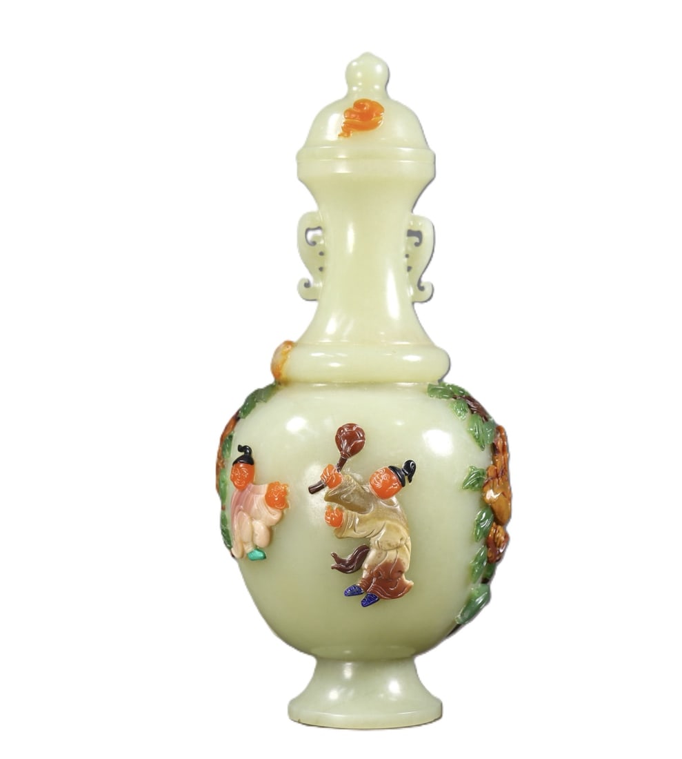 An Exquisite White Jade Character and Story Pattern Double-Ears Bottle,Inlaid Gems: An Exquisite White Jade Character and Story Pattern Double-Ears Bottle,Inlaid Gems,Qing Dynasty,China,Qianlong Four-character Mark,Size:9.3inx6.5inx4.3in,Weight:851g
