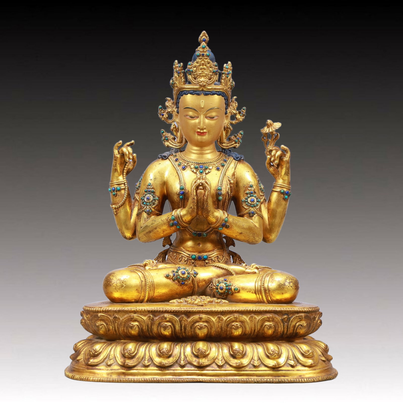 A Solemn Gilt Bronze Inlaid Gems Four-arms Statue of Avalokitesvara: A Solemn Gilt Bronze Inlaid Gems Four-arms Statue of Avalokitesvara,Ming Dynasty, China,Size:9.8inx7.1inx13in Weight:5100g