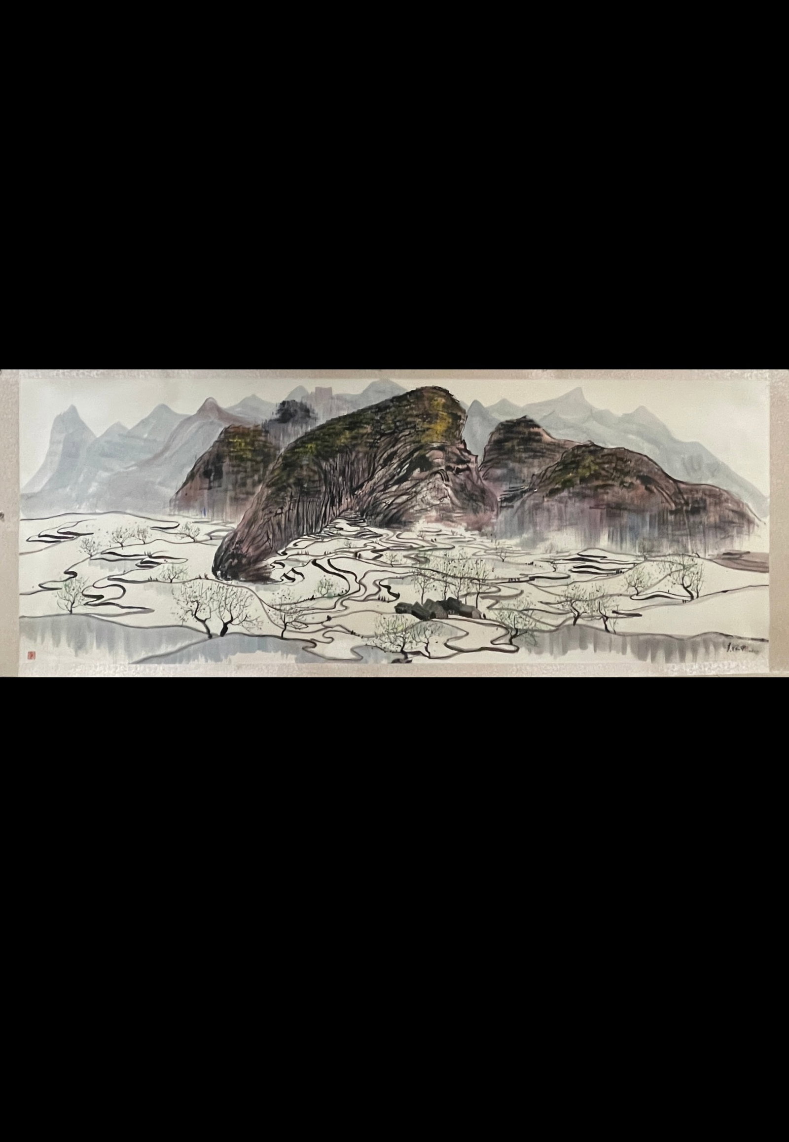 A Chinese Ink Painting of Landscape on Paper: A Chinese Ink Painting of Landscape on Paper,Wu Guanzhong,Size:55.1inx141.7in 一幅中国水墨山水画,吴冠中