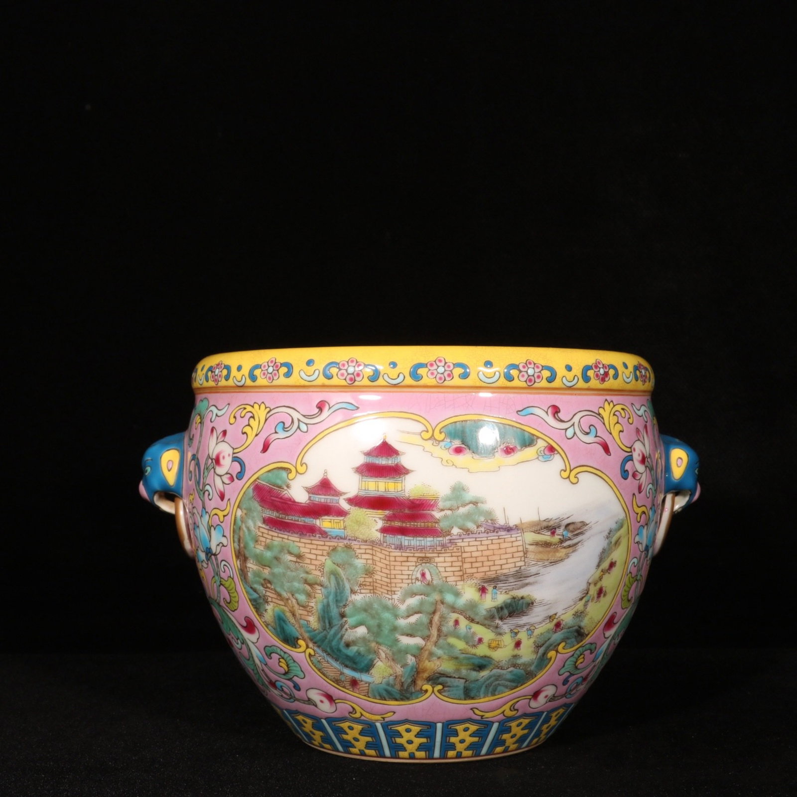 An Exquisite Enamel Landscape and Figure Pattern Beast-Ears Jar: An Exquisite Enamel Landscape and Figure Pattern Beast-Ears Jar,Qing Dynasty,China,Qianlong Six-character Mark,Size:5.1inx7.3in 珐琅彩山水人物纹兽