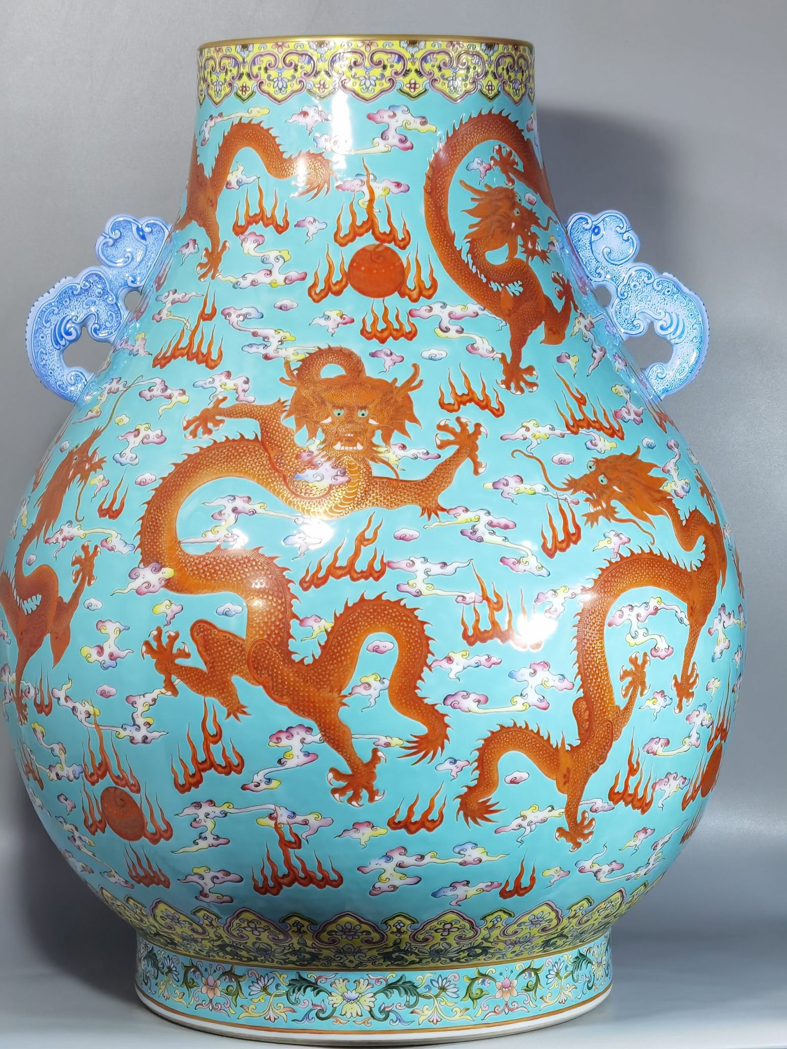 A Huge Famille-Rose Turquoise Glazed Painted Gold Auspicious Cloud and Dragon Pattern Double-Ears: A Huge Famille-Rose Turquoise Glazed Painted Gold Auspicious Cloud and Dragon Pattern Double-Ears Jar,Qing Dynasty,China,Qianlong Six-character Mark,Size:25.4inx20.5in 粉彩松石