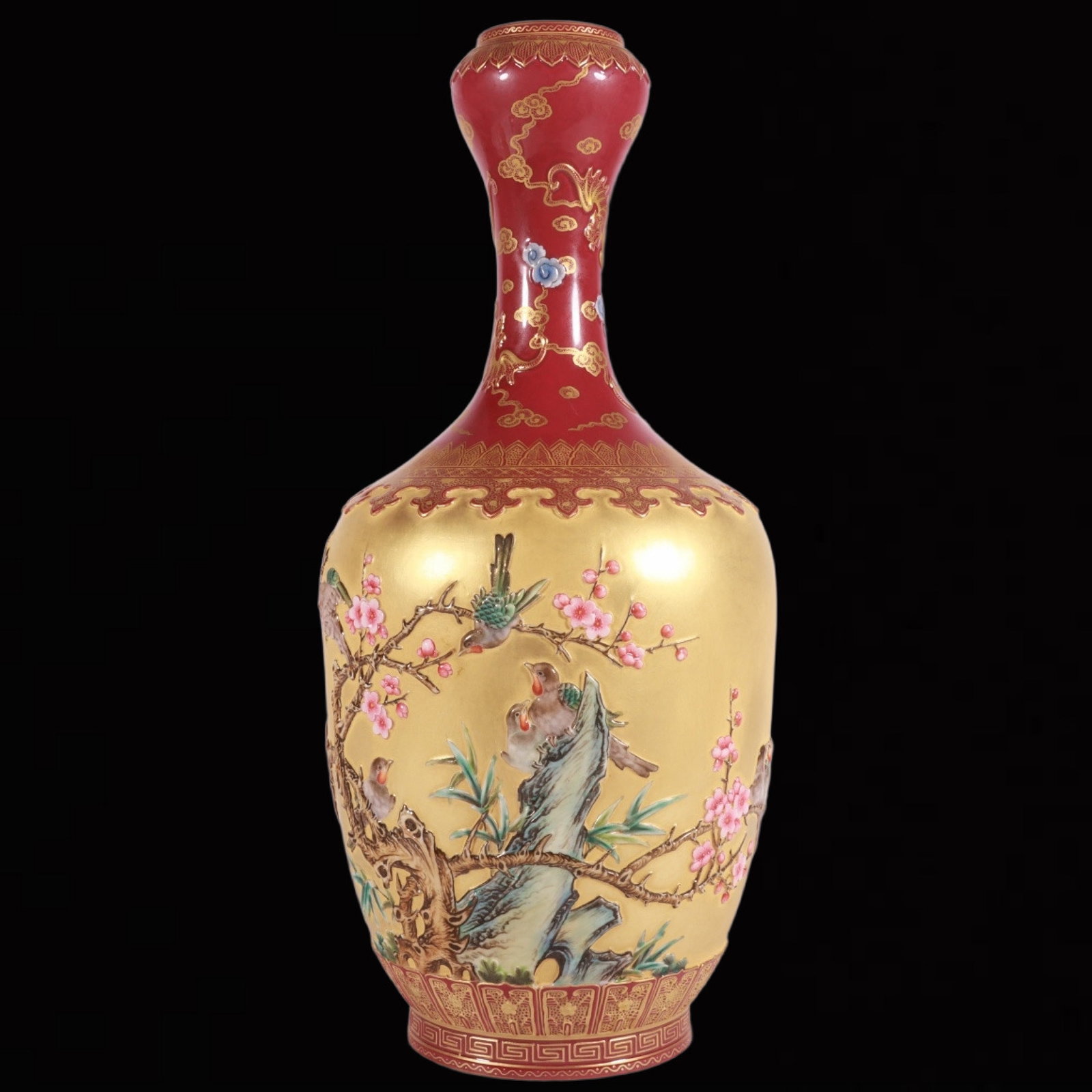 An Exquisite Enamel Gold Ground Flower and Bird Pattern Vase: An Exquisite Enamel Gold Ground Flower and Bird Pattern Vase,Qing Dynasty,China,Qianlong Six-character Mark,Size:14.2inx6.3in 珐琅彩金地花鸟纹瓶,&