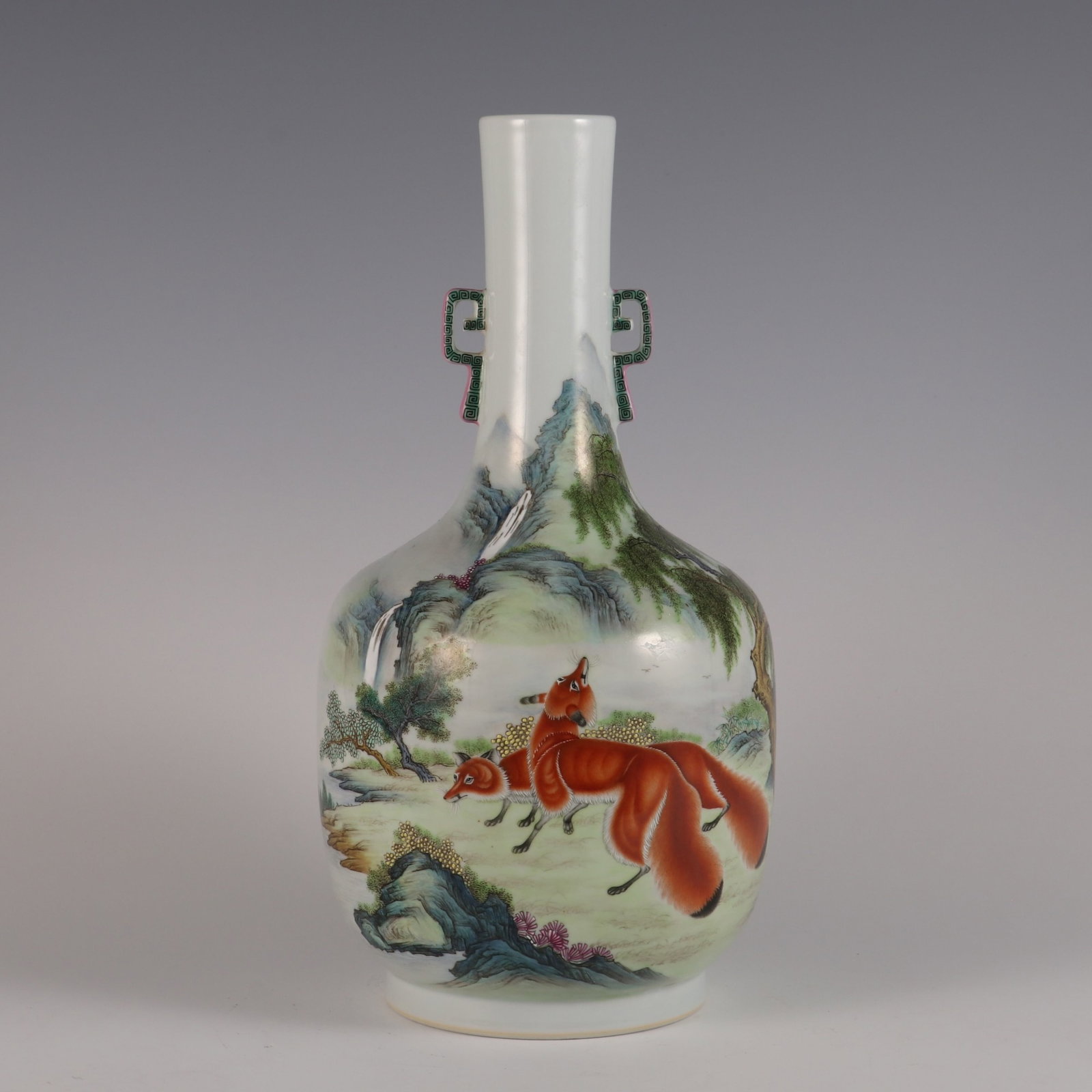 A Rare Enamel Fox Pattern Double-Ears Vase,with poem: A Rare Enamel Fox Pattern Double-Ears Vase,with poem,Qing Dynasty,China,Yongzheng Six-character Mark,Size:13.6inx6.7in 珐琅彩狐狸纹双耳瓶,带