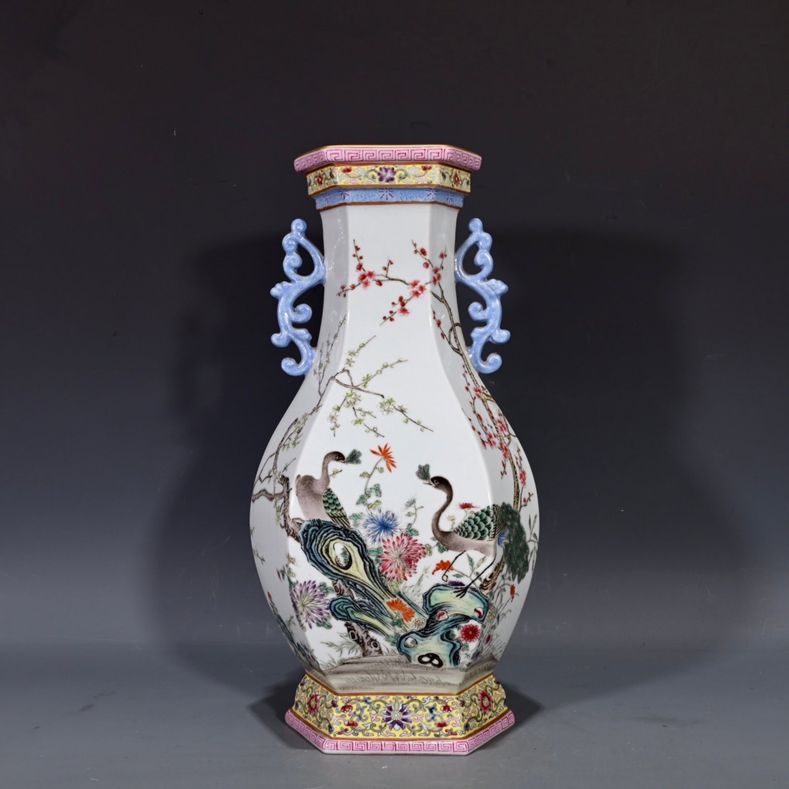 A Rare Enamel Peacock Flower Pattern Double-Ears Vase: A Rare Enamel Peacock Flower Pattern Double-Ears Vase,Qing Dynasty,China,Qianlong Six-character Mark,Size:12.4inx6.7in 珐琅彩孔雀花卉纹双耳&