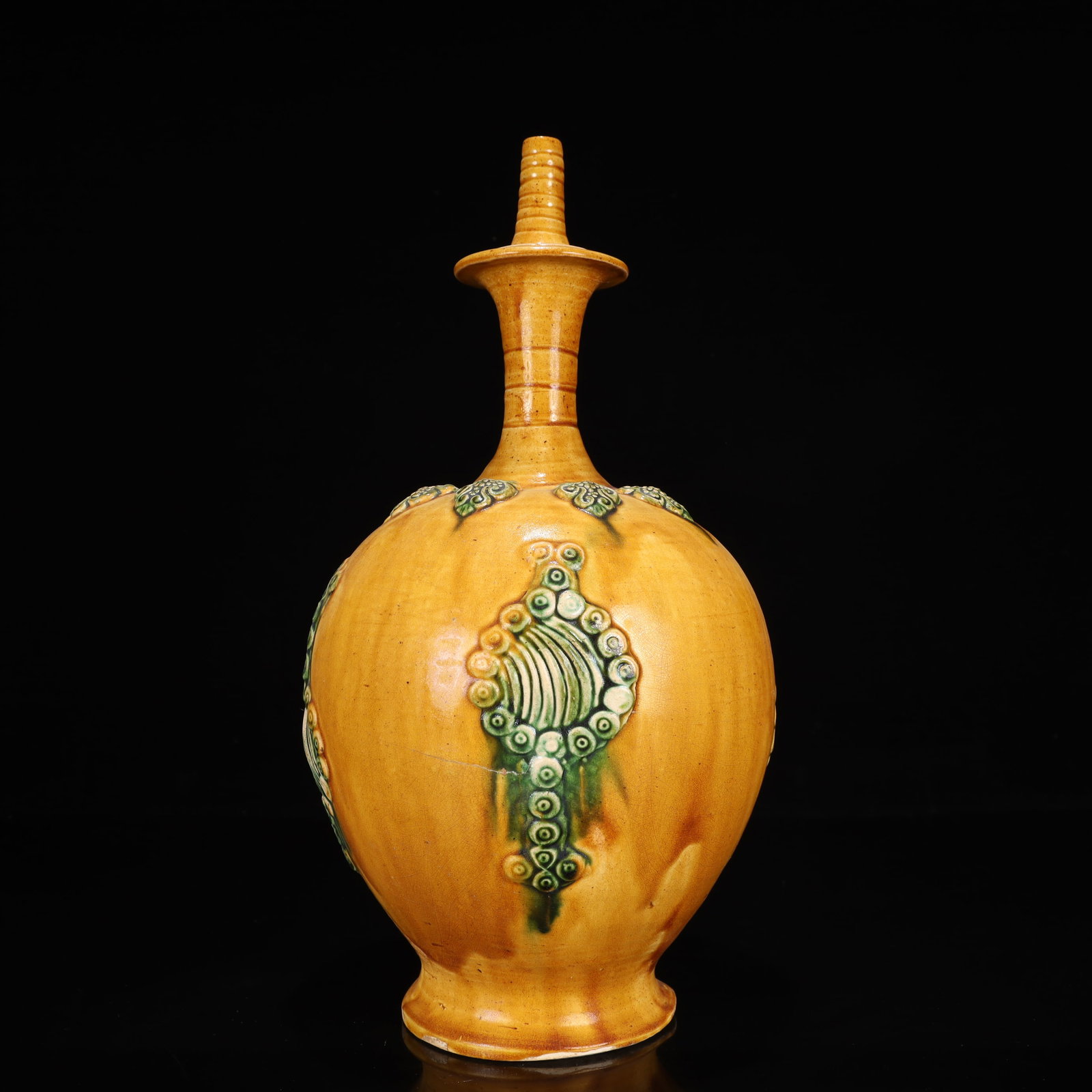 A Rare Tang Tri-Color Glazed Pottery Flower Pattern Vase: A Rare Tang Tri-Color Glazed Pottery Flower Pattern Vase,Tang Dynasty, China,Size:7.1inx7.1inx13.4in,Weight:1700g