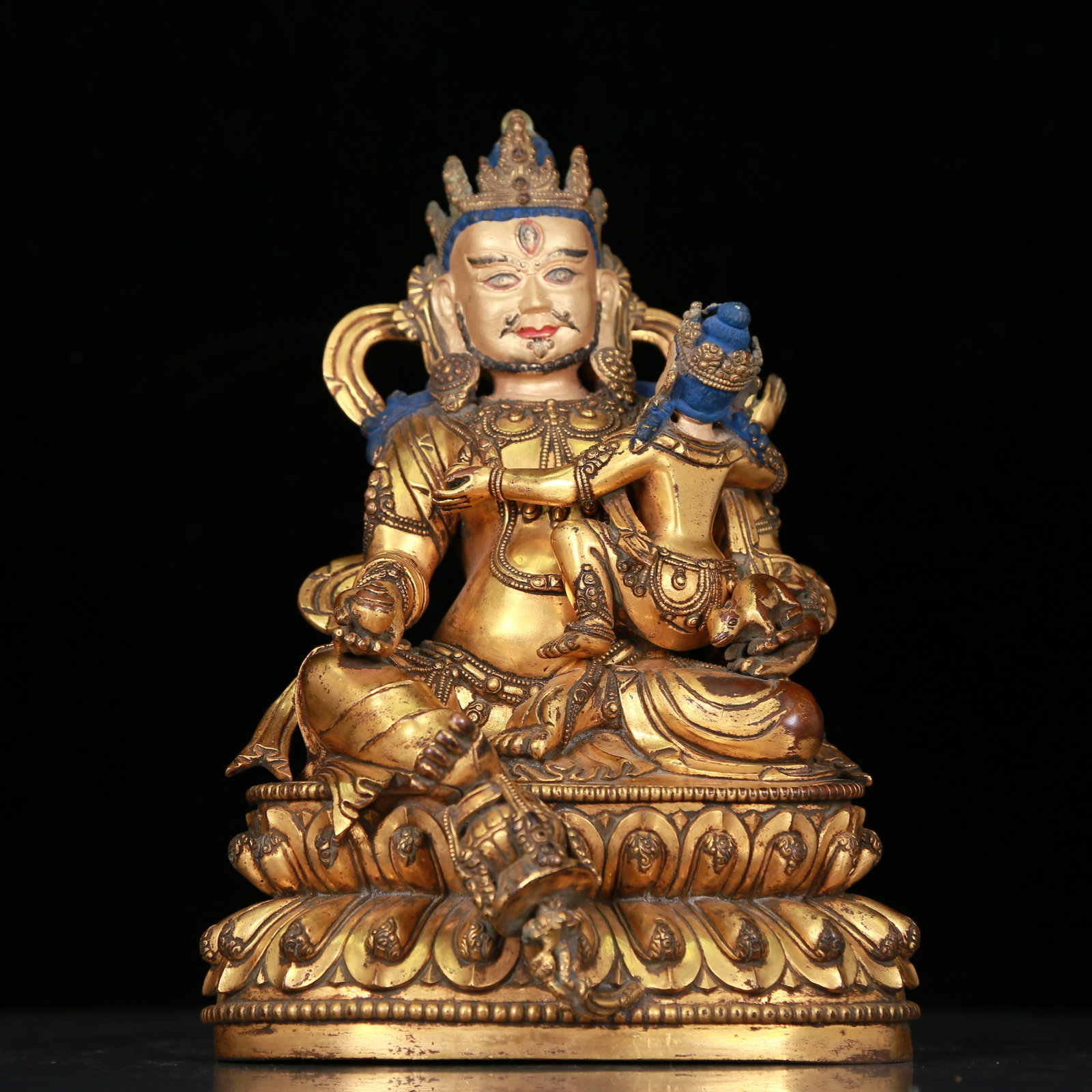 A Fabulous Gilt-Bronze Figure Of Kubera: A Fabulous Gilt-Bronze Figure Of Kubera. Seated, body adorned with jewelry ornaments, topknot surmounted by a splendid diadem. Chinese Ming Dynasty. Yongle Six-Character Mark. Size:7.1inx5.5inx9.8in.