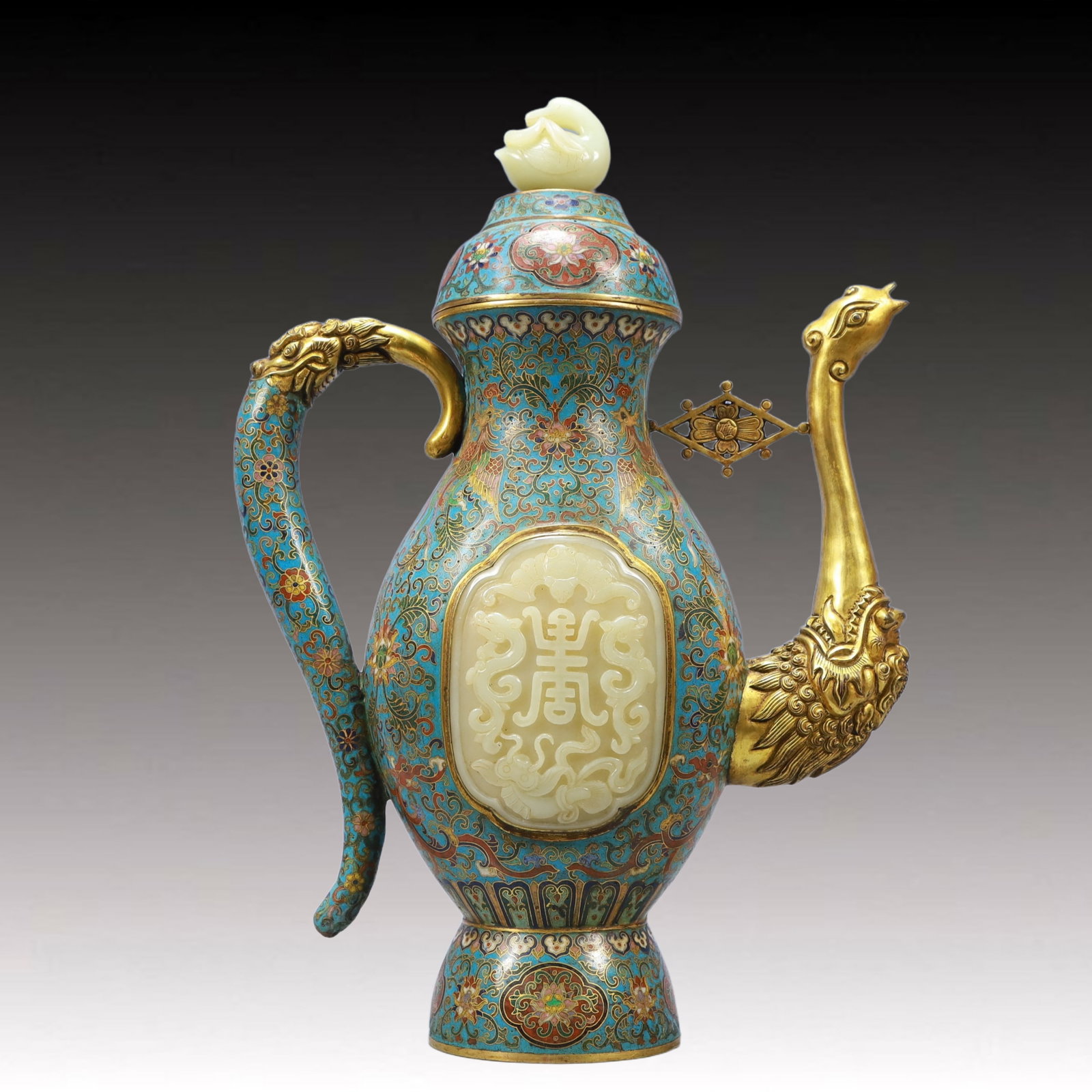 An Exquisite Cloisonne Inlaid White Jade Lotus Pattern Beast-mouse Ewer: An Exquisite Cloisonne Inlaid White Jade Lotus Pattern Beast-mouse Ewer,Qing Dynasty, China,Qianlong Six-character Mark,Size：10.6inx4.7inx15in; Weight：2700g 景泰蓝î