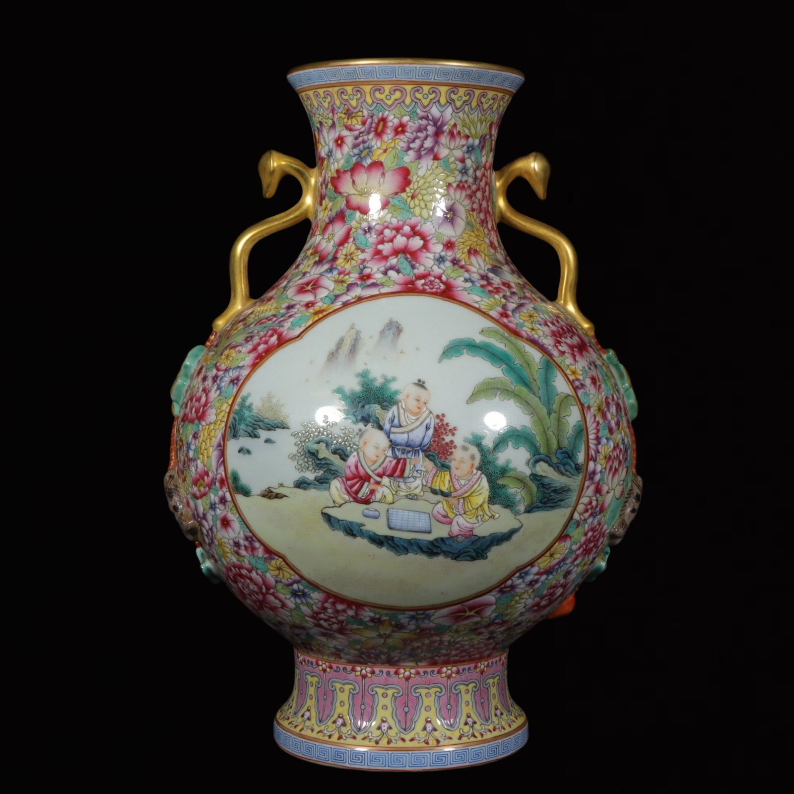 An Exquisite Famille-Rose Painted Gold Character and Story Pattern Double-Ears Vase: An Exquisite Famille-Rose Painted Gold Character and Story Pattern Double-Ears Vase,Qing Dynasty,China,Qianlong Six-character Mark,Size:12.6inx4.8in 粉彩描金人物