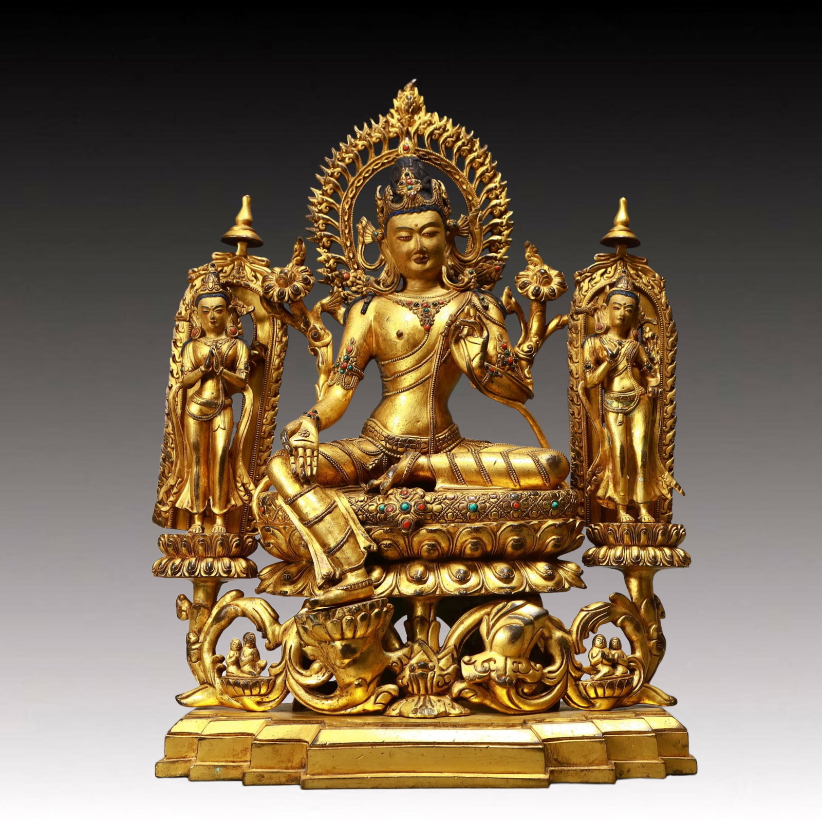 A Solemn Gilt Bronze Statue of Tara,Inlaid Gems: A Solemn Gilt Bronze Statue of Tara,Inlaid Gems,Ming Dynasty, China,Size:12.4inx6.5inx17.7in,Weight:11400g 铜鎏金度母像,嵌宝石,中国