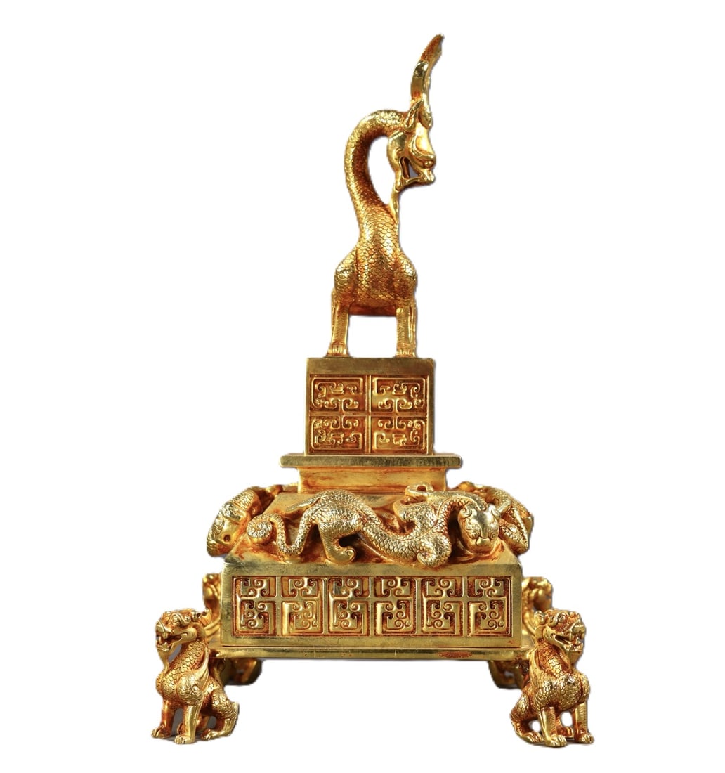 An Exquisite Gilt Bronze Auspicious Beast Seal,with Beast-Face Pattern Box,with poem: An Exquisite Gilt Bronze Auspicious Beast Seal,with Beast-Face Pattern Box,with poem,Qing Dynasty,China,With Mark,Size:(entirety)10.4inx6.3in,(Deer)6.5inx2in,(Dragon)1.8inx3.1in,Weight:4860g 铜&