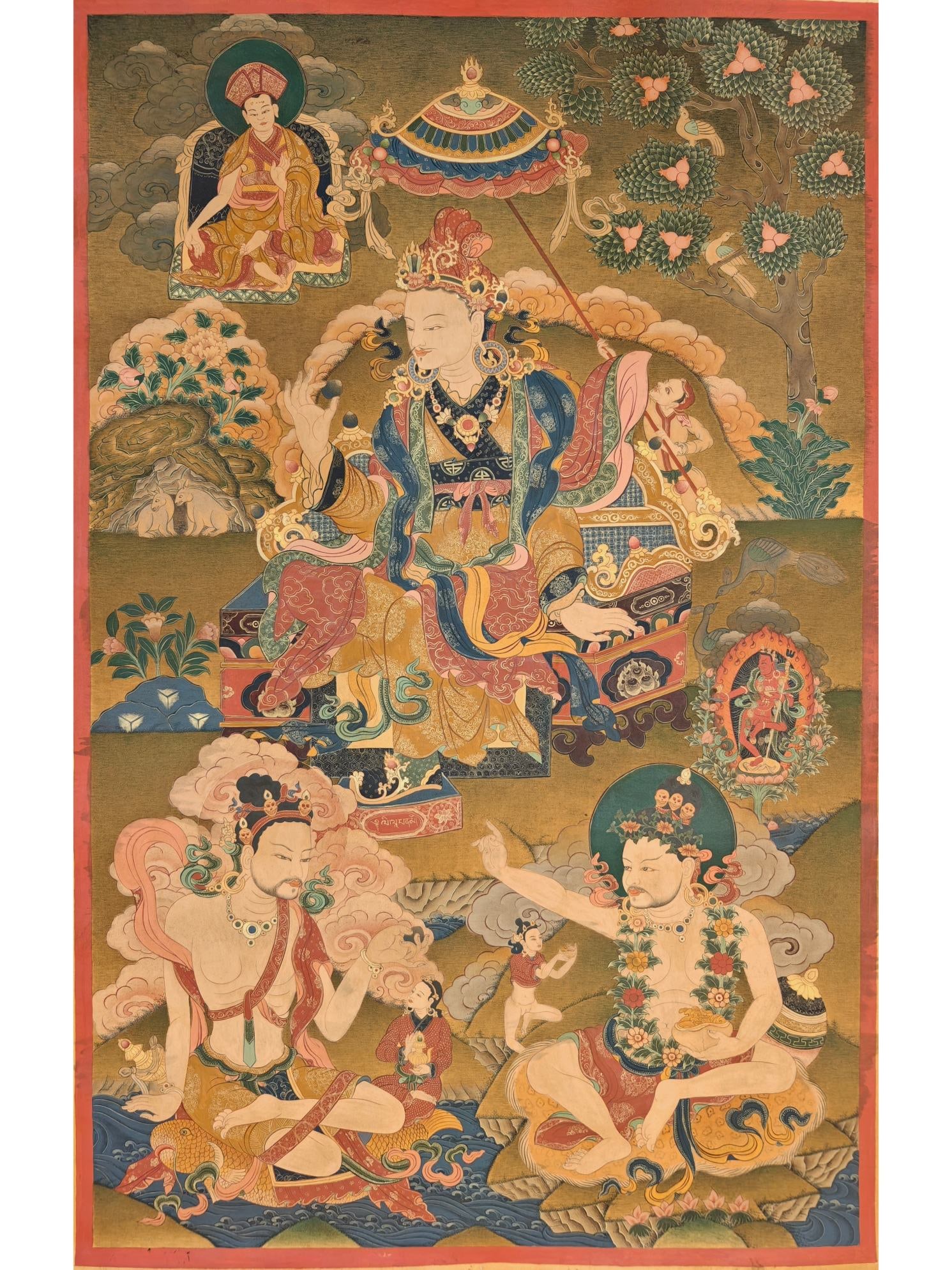 Thangka with gold and painted master statue: Gold-painted and painted Guru-like Thangkas in the Qing Dynasty. Thangkas are usually painted in bright colors to highlight the mystery and majesty of religious images. The paintings present highly de