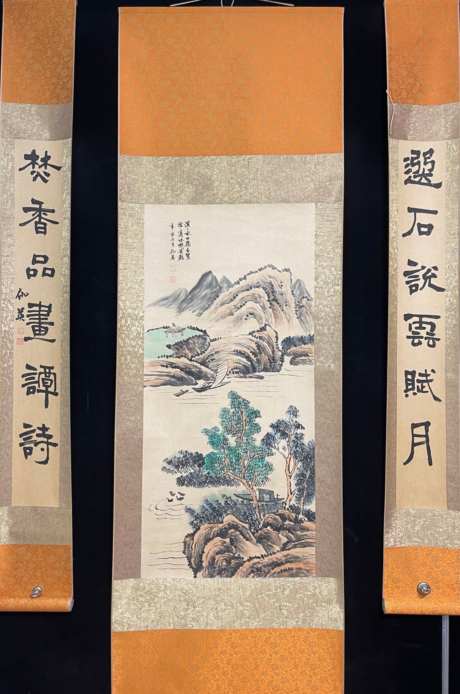 A Set of Chinese Vertical Scroll Ink Painting of Landscape on Paper: A Set of Chinese Vertical Scroll Ink Painting of Landscape on Paper,Chou Ying,Size:(Couplet)4.7inx37.4in*2,(Vertical Scroll)17.7inx38.2in