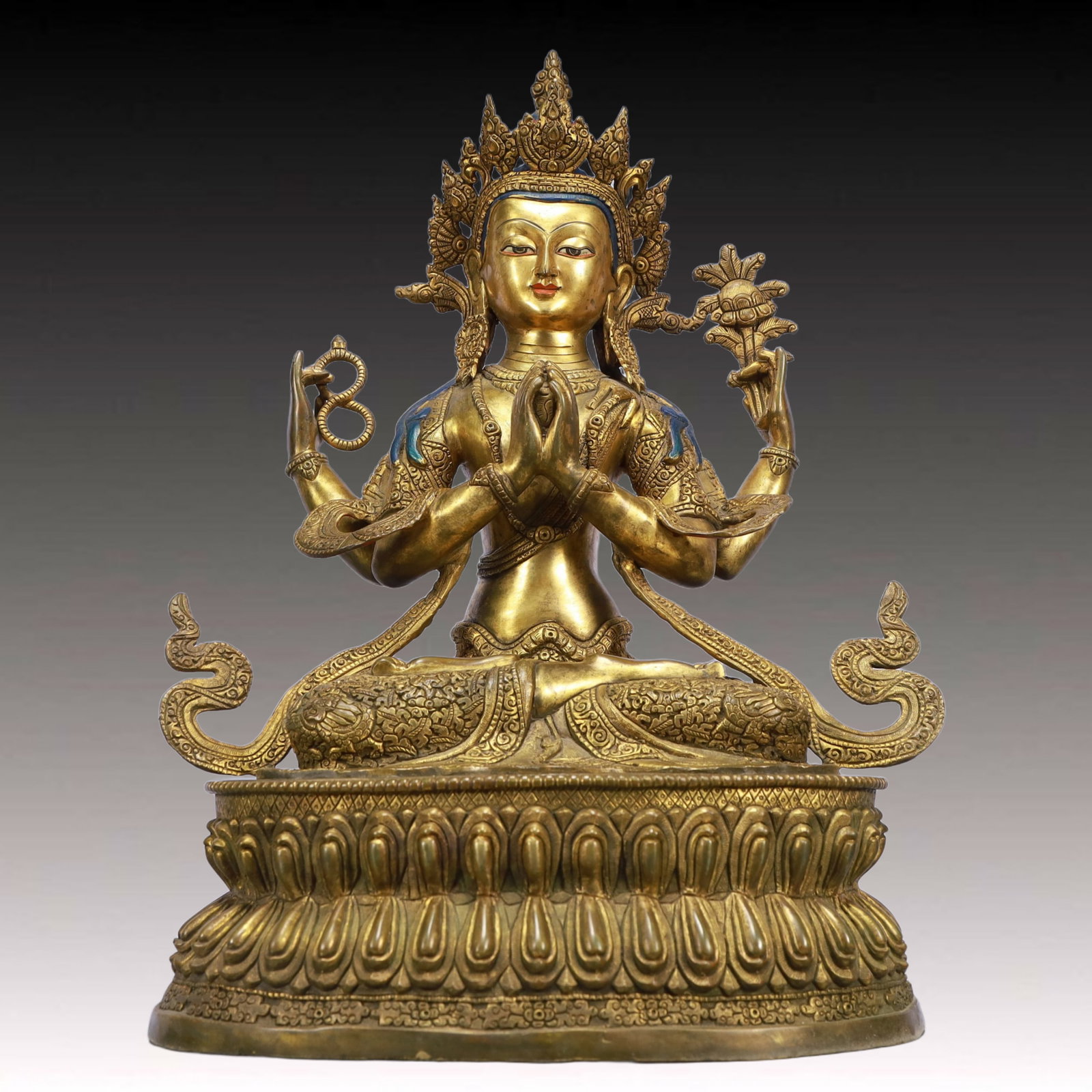 A Solemn Gilt Bronze Statue of Four-Armed Guanyin: A Solemn Gilt Bronze Statue of Four-Armed Guanyin,Ming Dynasty, China,Size:12.6inx10.2inx19.3in,Weight:12800g 铜鎏金四臂观音像,中国明&