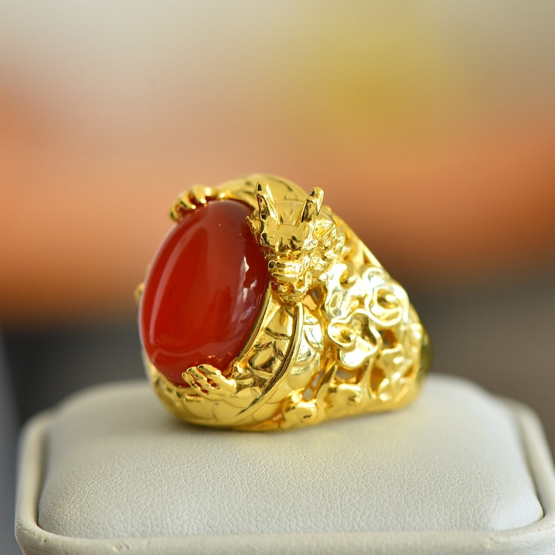An Exquisite Sterling Silver-Gold Plated Inlaid Agate Ring - 2