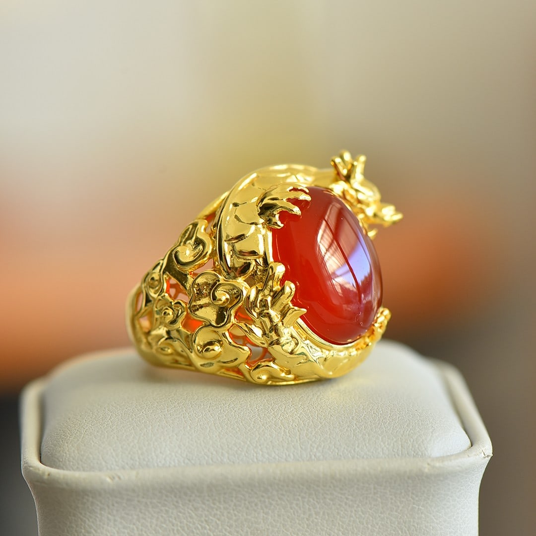 An Exquisite Sterling Silver-Gold Plated Inlaid Agate Ring - 3