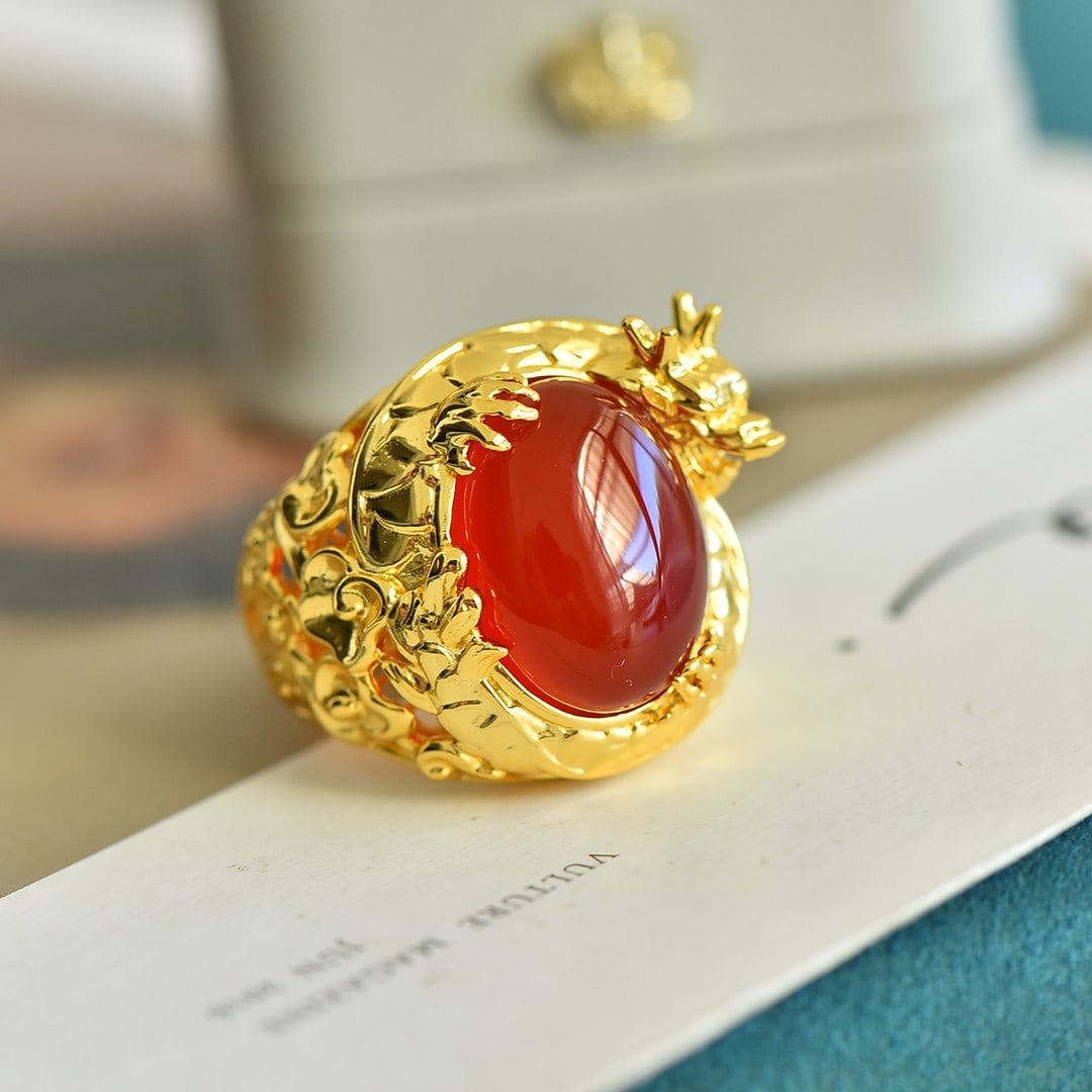 An Exquisite Sterling Silver-Gold Plated Inlaid Agate Ring - 4