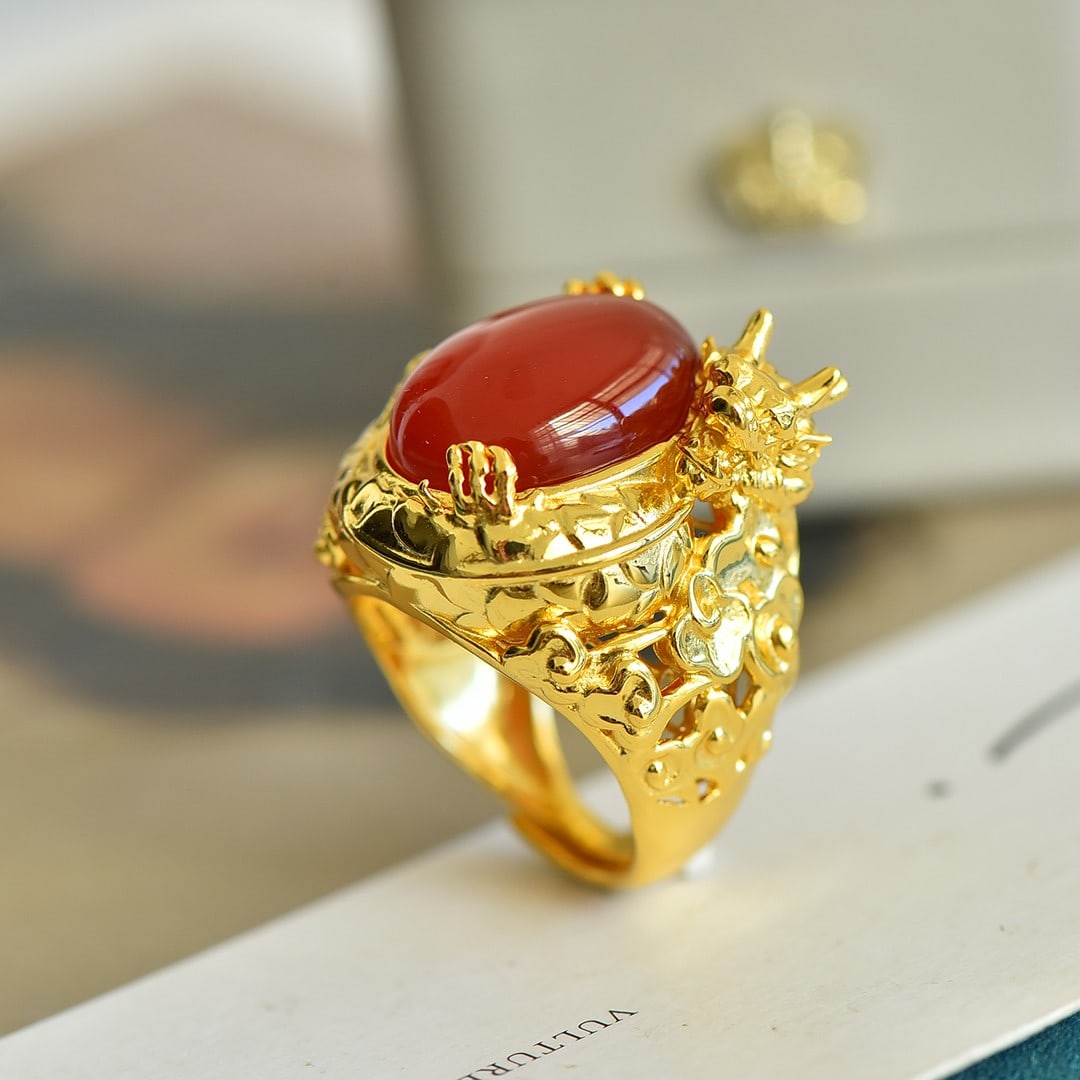 An Exquisite Sterling Silver-Gold Plated Inlaid Agate Ring - 5