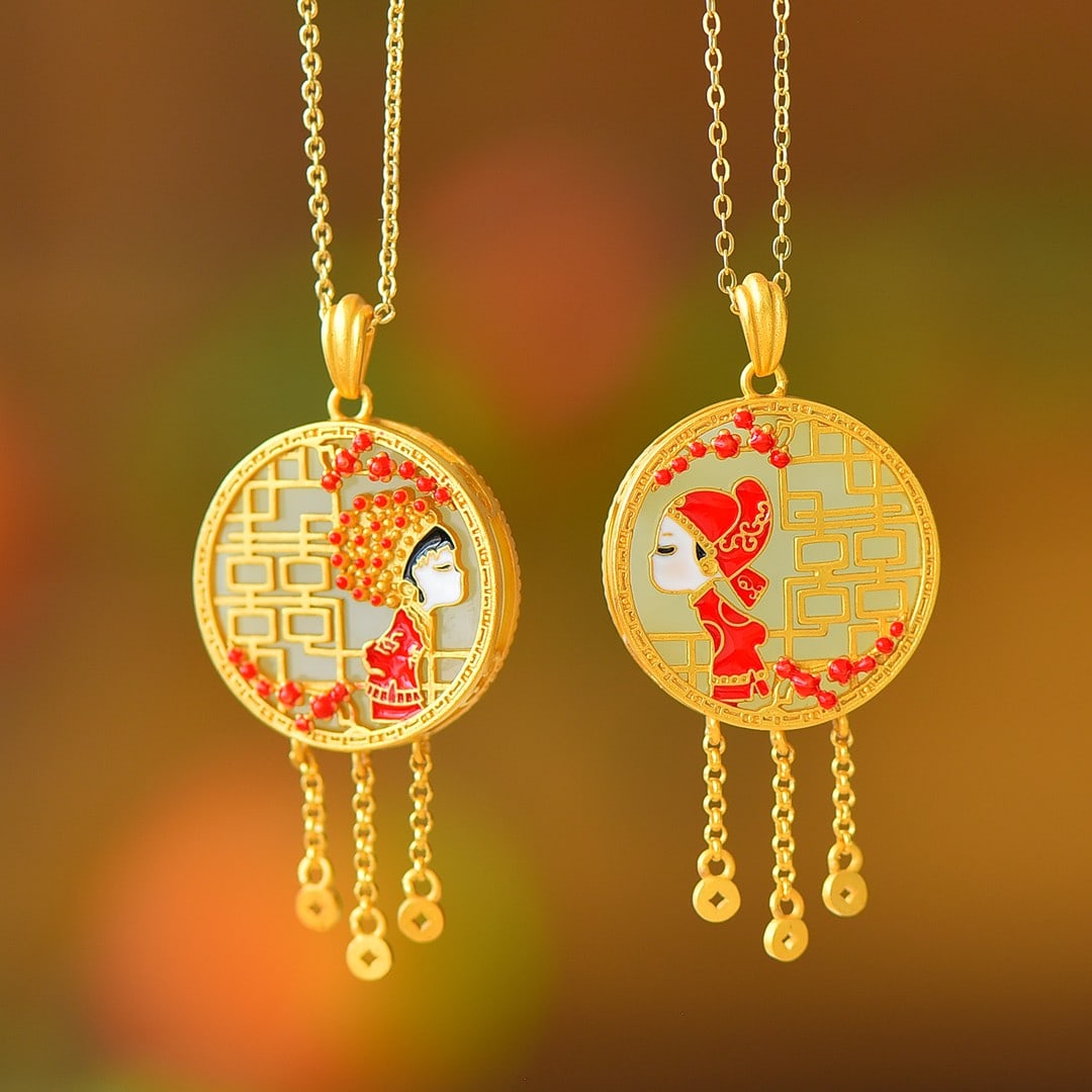 A Pair of Exquisite Sterling Silver-Gold Plated Inlaid White Jade Enamel Pendants: A Pair of Exquisite Sterling Silver-Gold Plated Inlaid White Jade Enamel Pendants 一对纯银镀金镶白玉珐琅吊坠